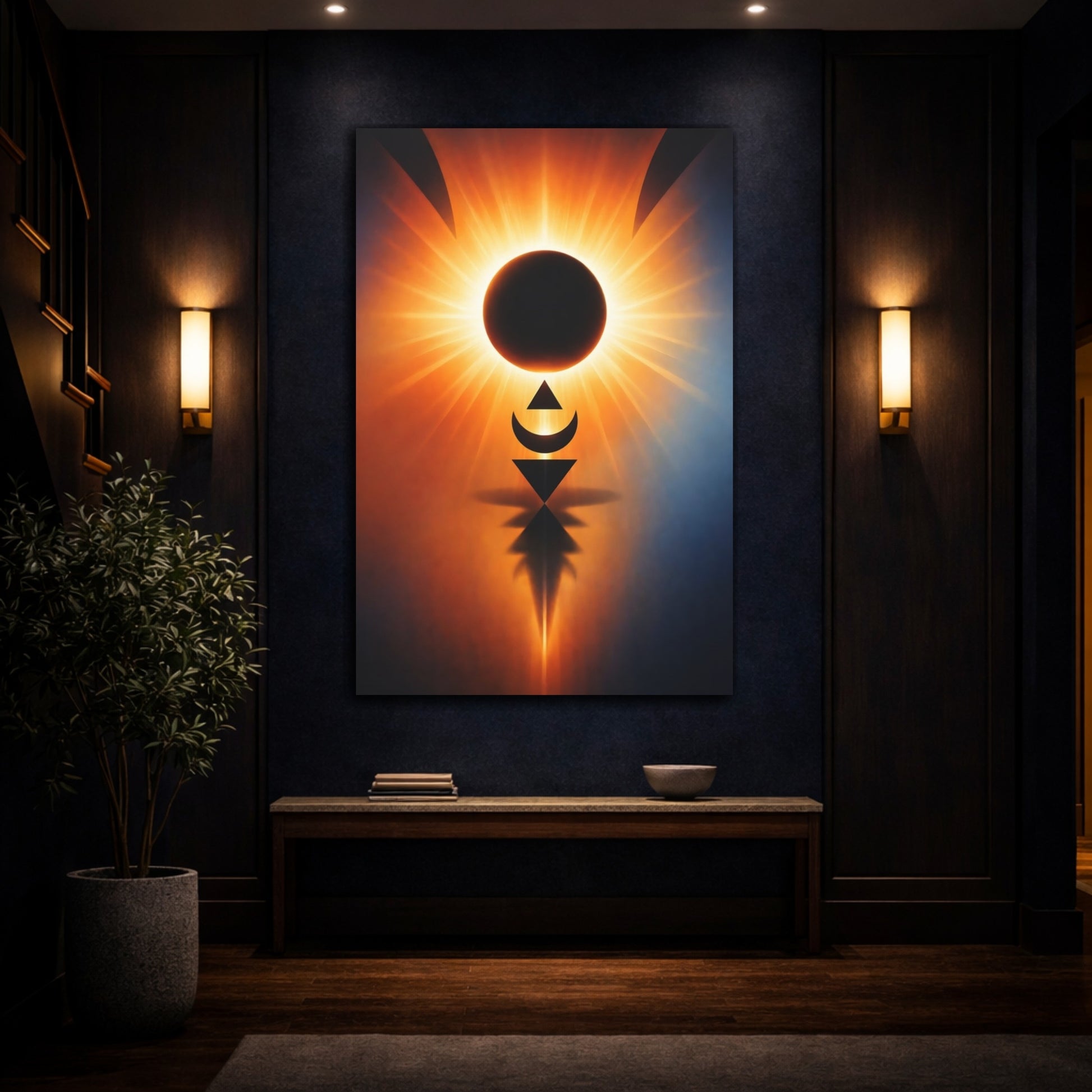Mockup 4. Abstract Solar Eclipse Orange And Blue shown as stretched canvas wall art