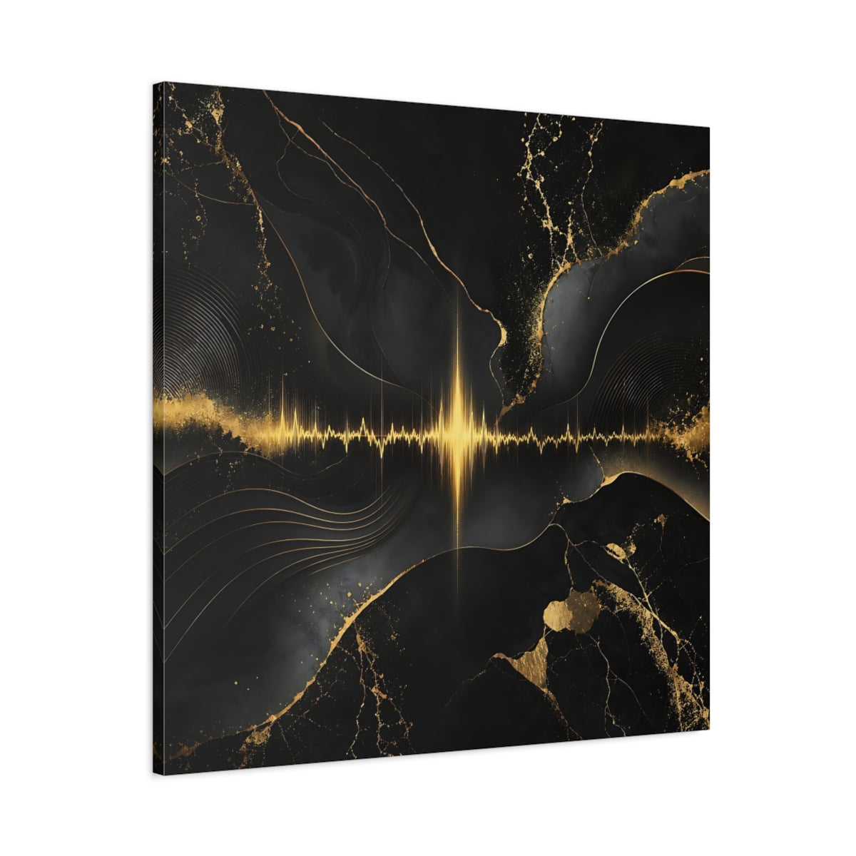 Main Mockup. Abstract Sound Wave Black And Gold shown as stretched canvas wall art