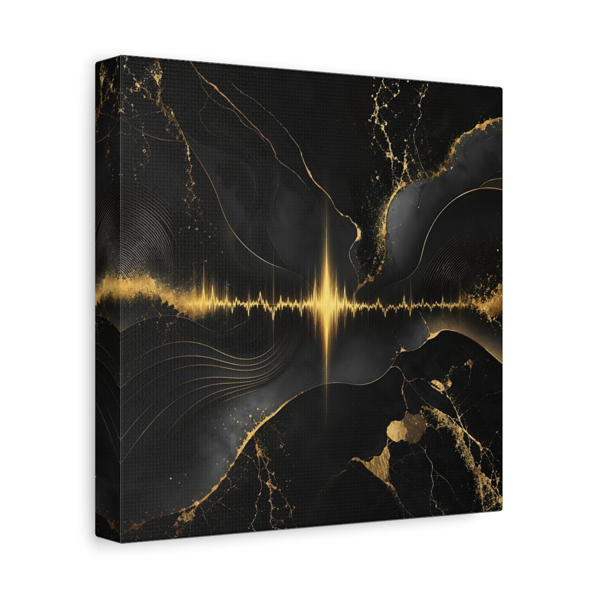 Side Mockup 9. Abstract Sound Wave Black And Gold shown as stretched canvas wall art