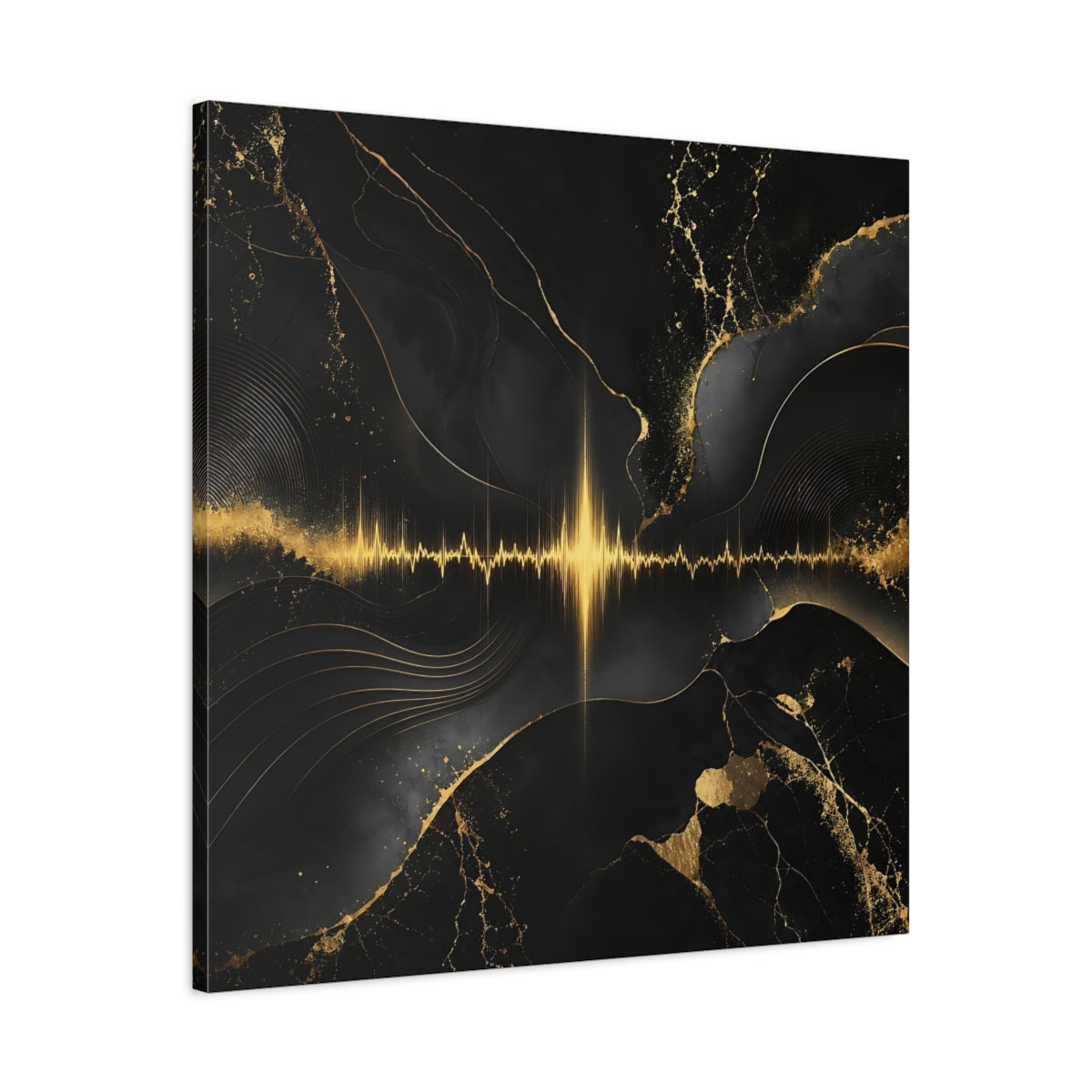 Side Mockup 3. Abstract Sound Wave Black And Gold shown as stretched canvas wall art