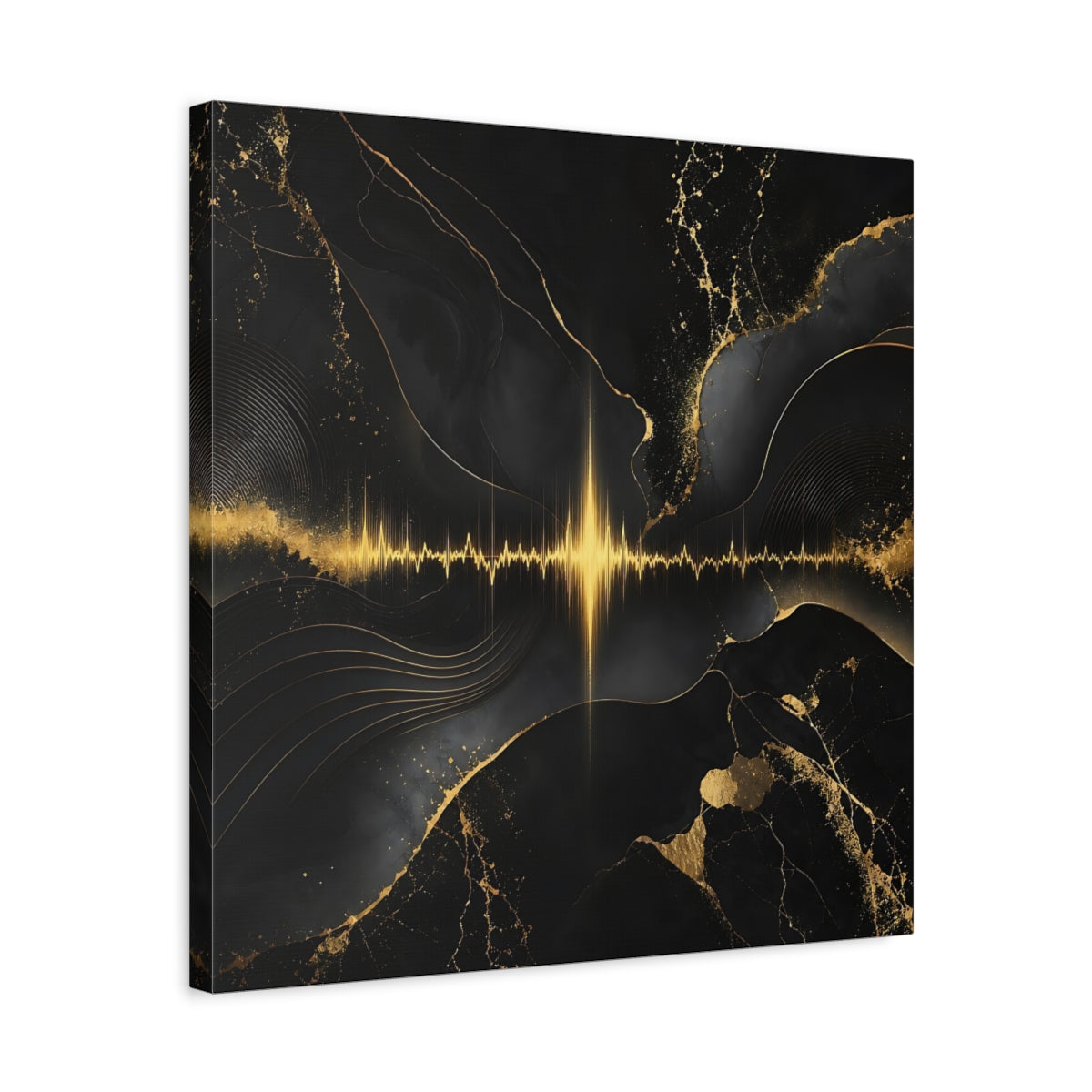 Side Mockup 5. Abstract Sound Wave Black And Gold shown as stretched canvas wall art