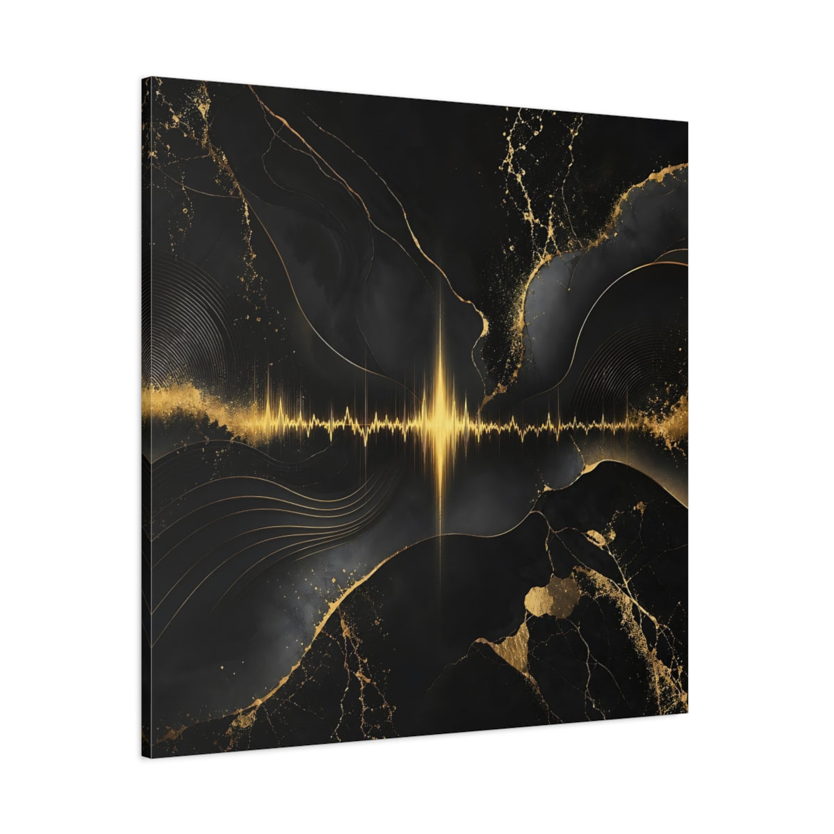 Side Mockup 1. Abstract Sound Wave Black And Gold shown as stretched canvas wall art
