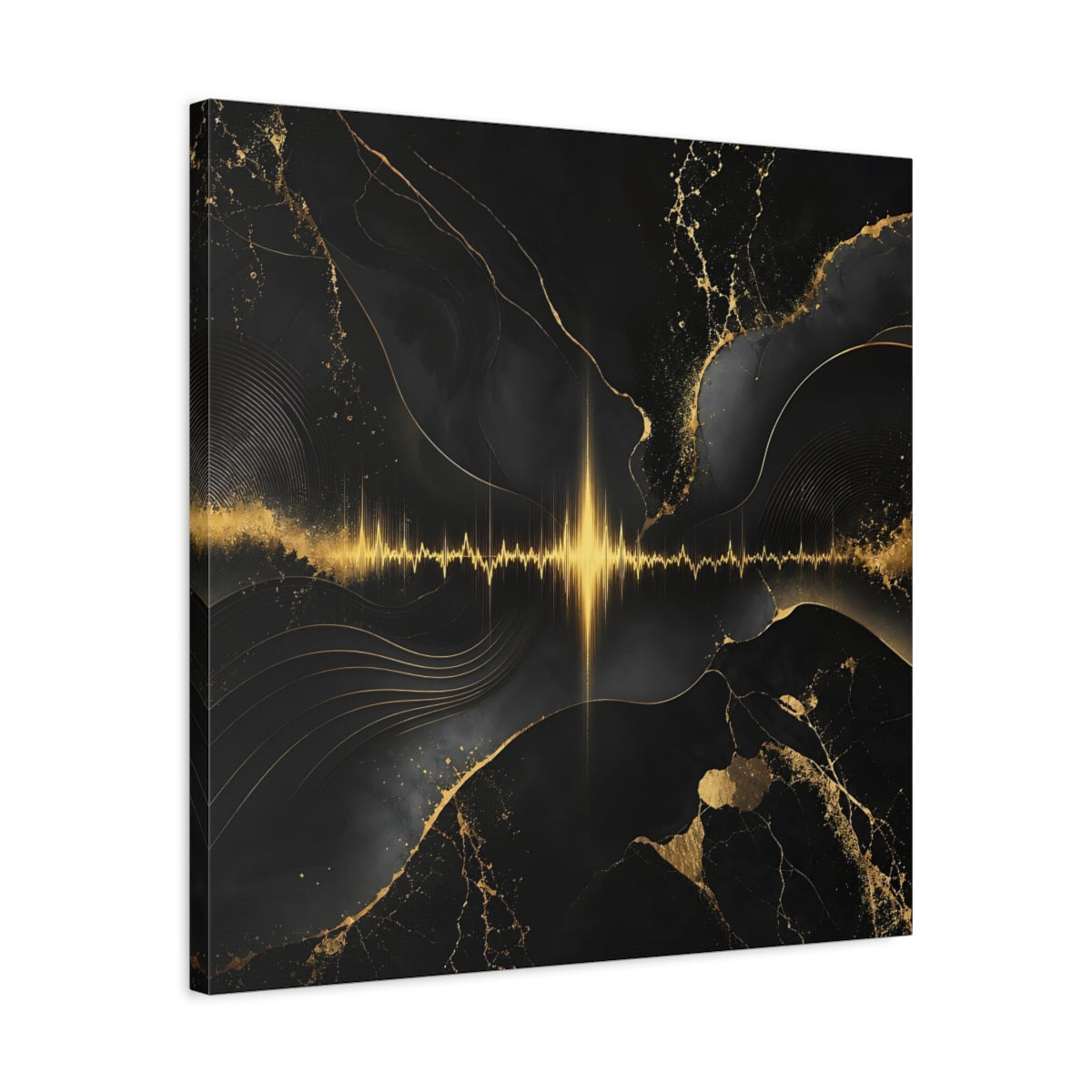 Side Mockup 4. Abstract Sound Wave Black And Gold shown as stretched canvas wall art