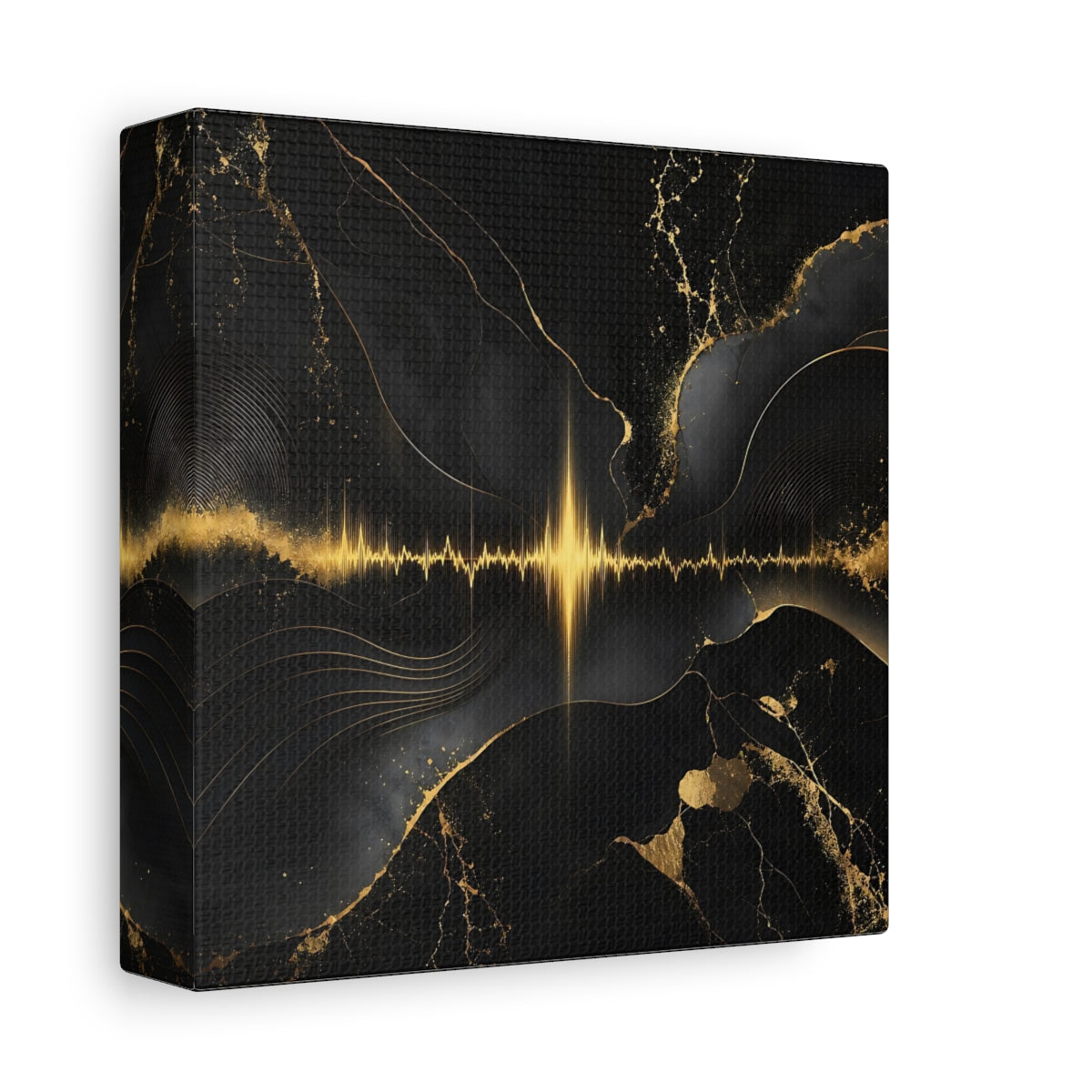 Side Mockup 2. Abstract Sound Wave Black And Gold shown as stretched canvas wall art