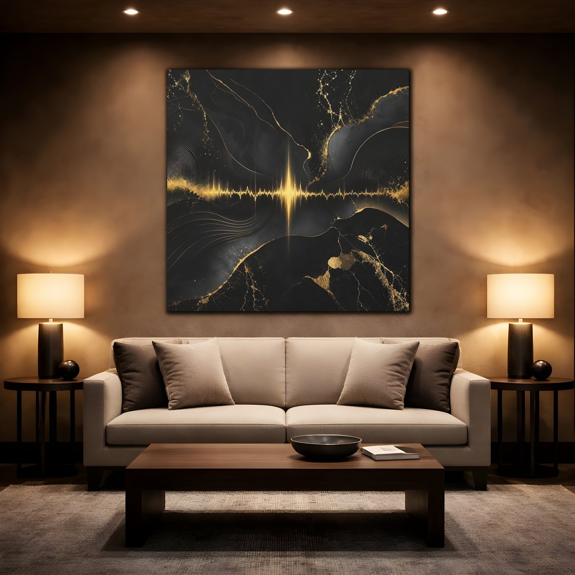 Mockup 2. Abstract Sound Wave Black And Gold shown as stretched canvas wall art