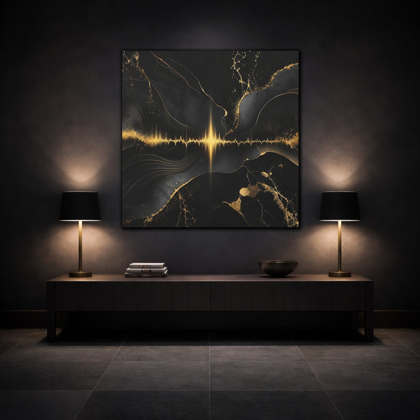 Mockup 3. Abstract Sound Wave Black And Gold shown as stretched canvas wall art