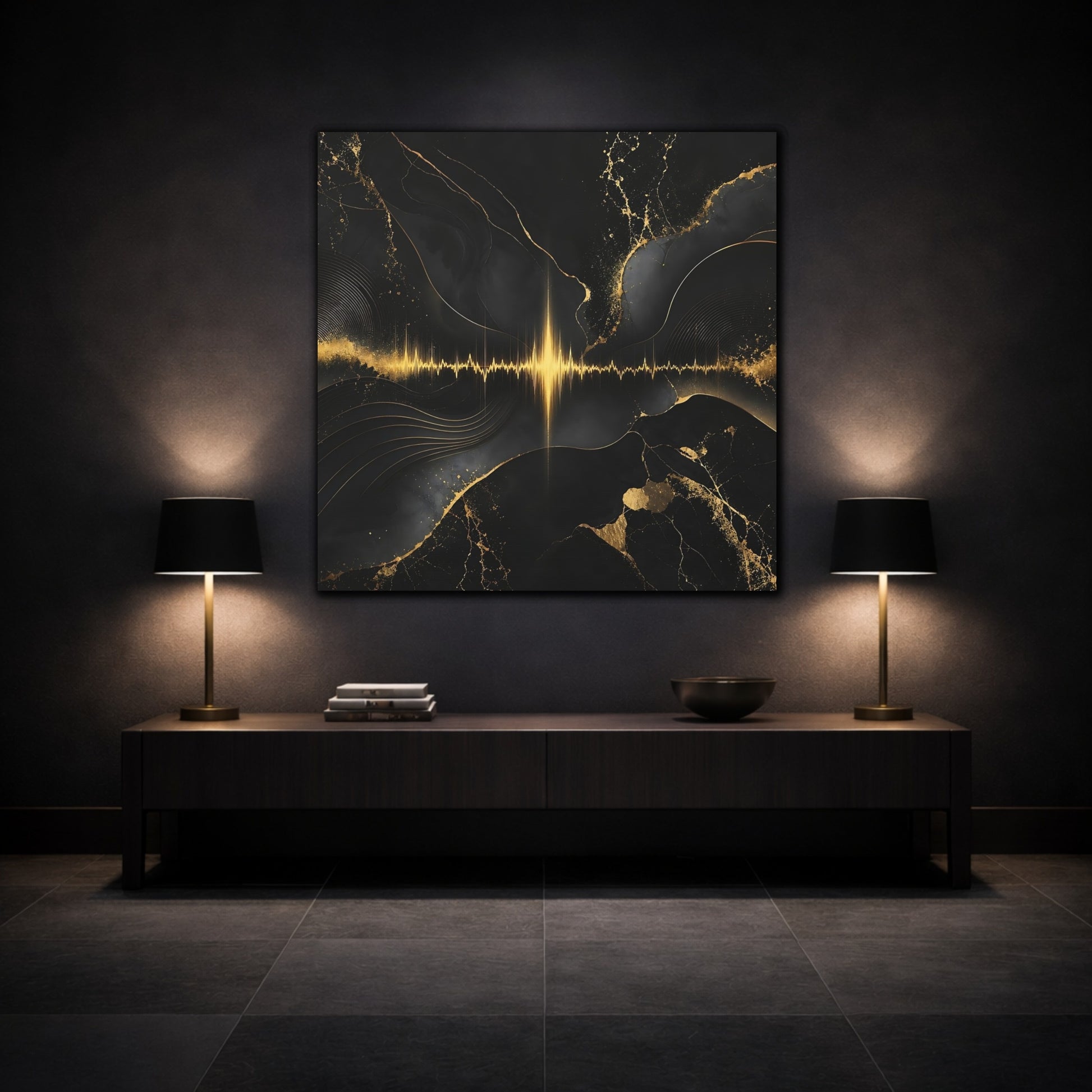 Mockup 3. Abstract Sound Wave Black And Gold shown as stretched canvas wall art