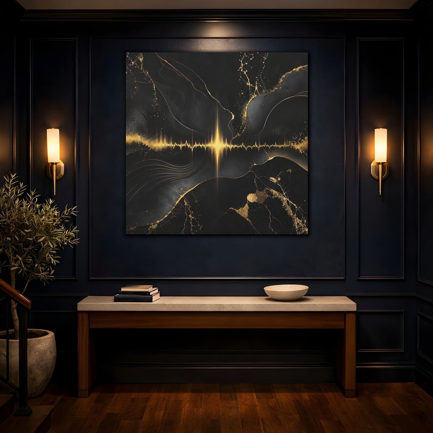 Mockup 4. Abstract Sound Wave Black And Gold shown as stretched canvas wall art