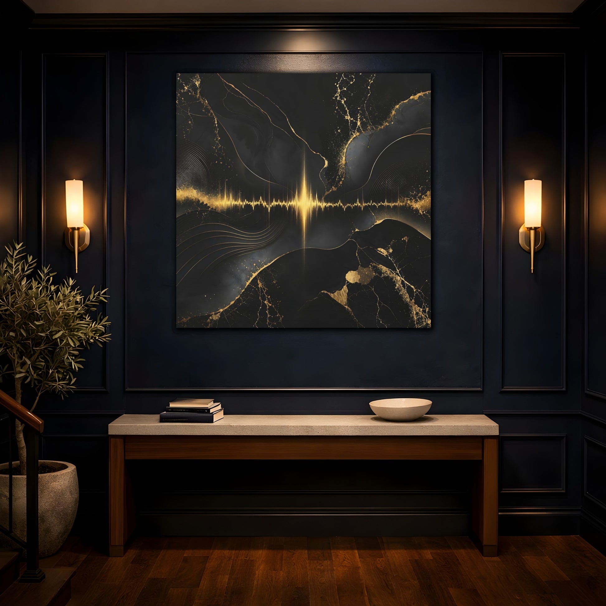 Mockup 4. Abstract Sound Wave Black And Gold shown as stretched canvas wall art