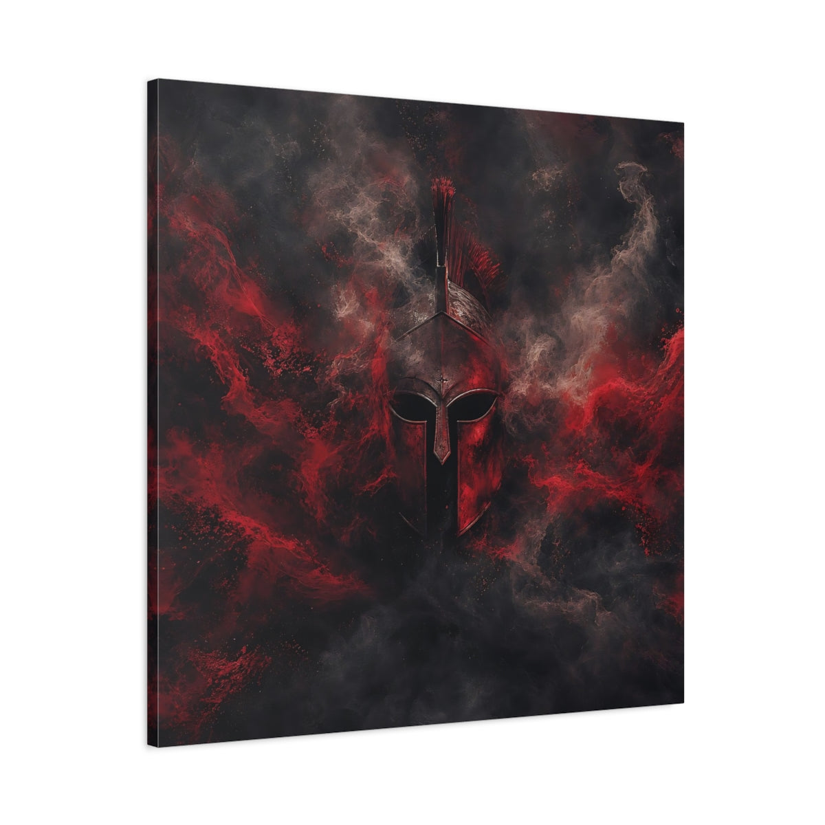 Main Mockup. Abstract Spartan Helmet Red And Black shown as stretched canvas wall art
