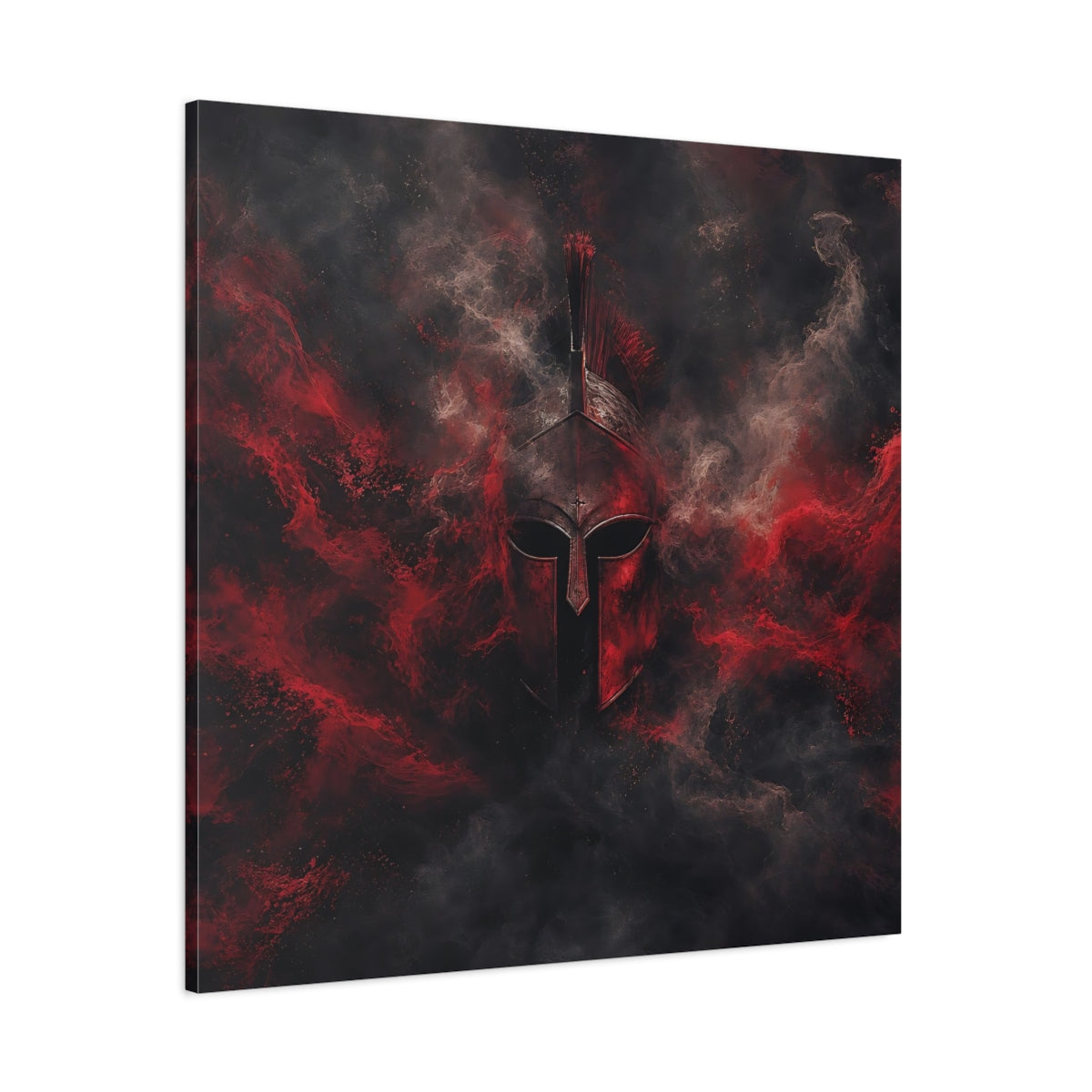 Side Mockup 1. Abstract Spartan Helmet Red And Black shown as stretched canvas wall art