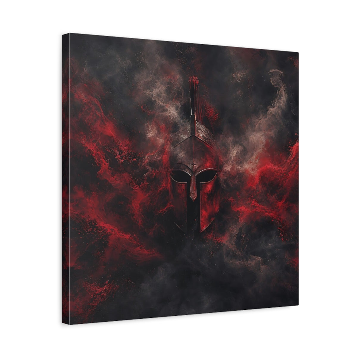 Side Mockup 5. Abstract Spartan Helmet Red And Black shown as stretched canvas wall art