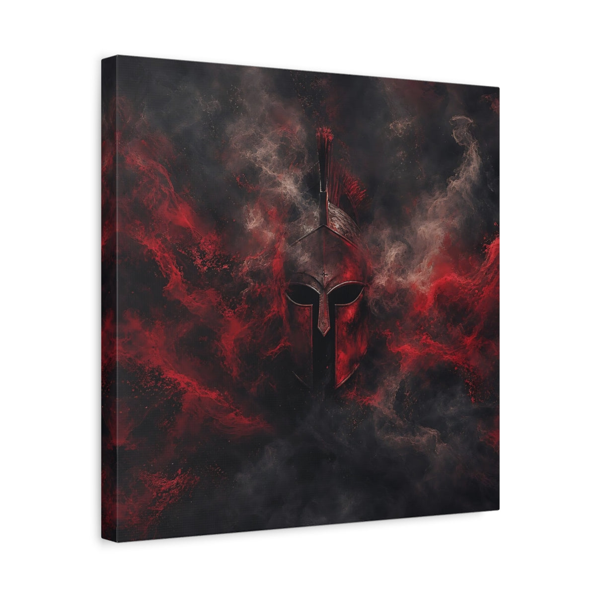 Side Mockup 6. Abstract Spartan Helmet Red And Black shown as stretched canvas wall art