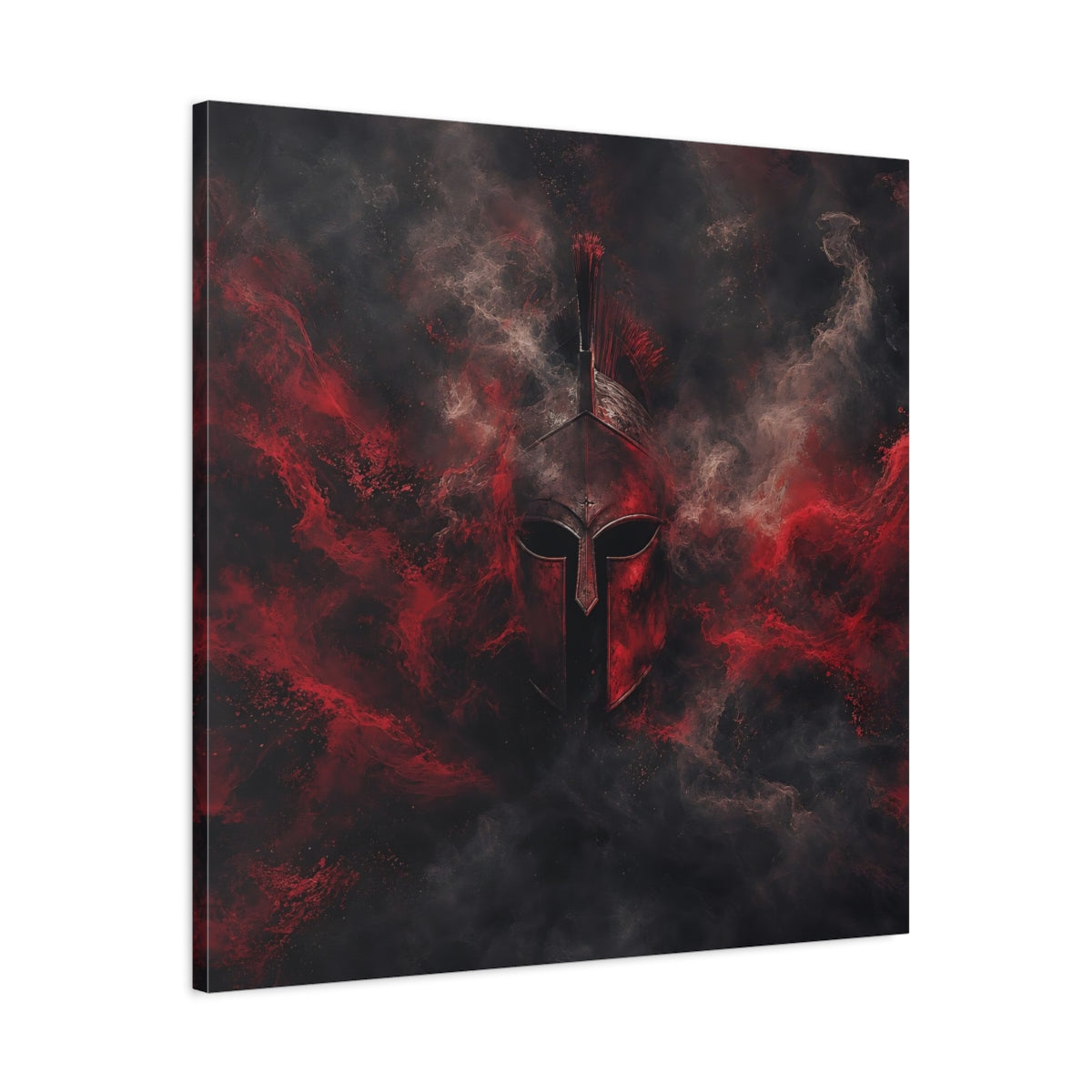 Side Mockup 3. Abstract Spartan Helmet Red And Black shown as stretched canvas wall art