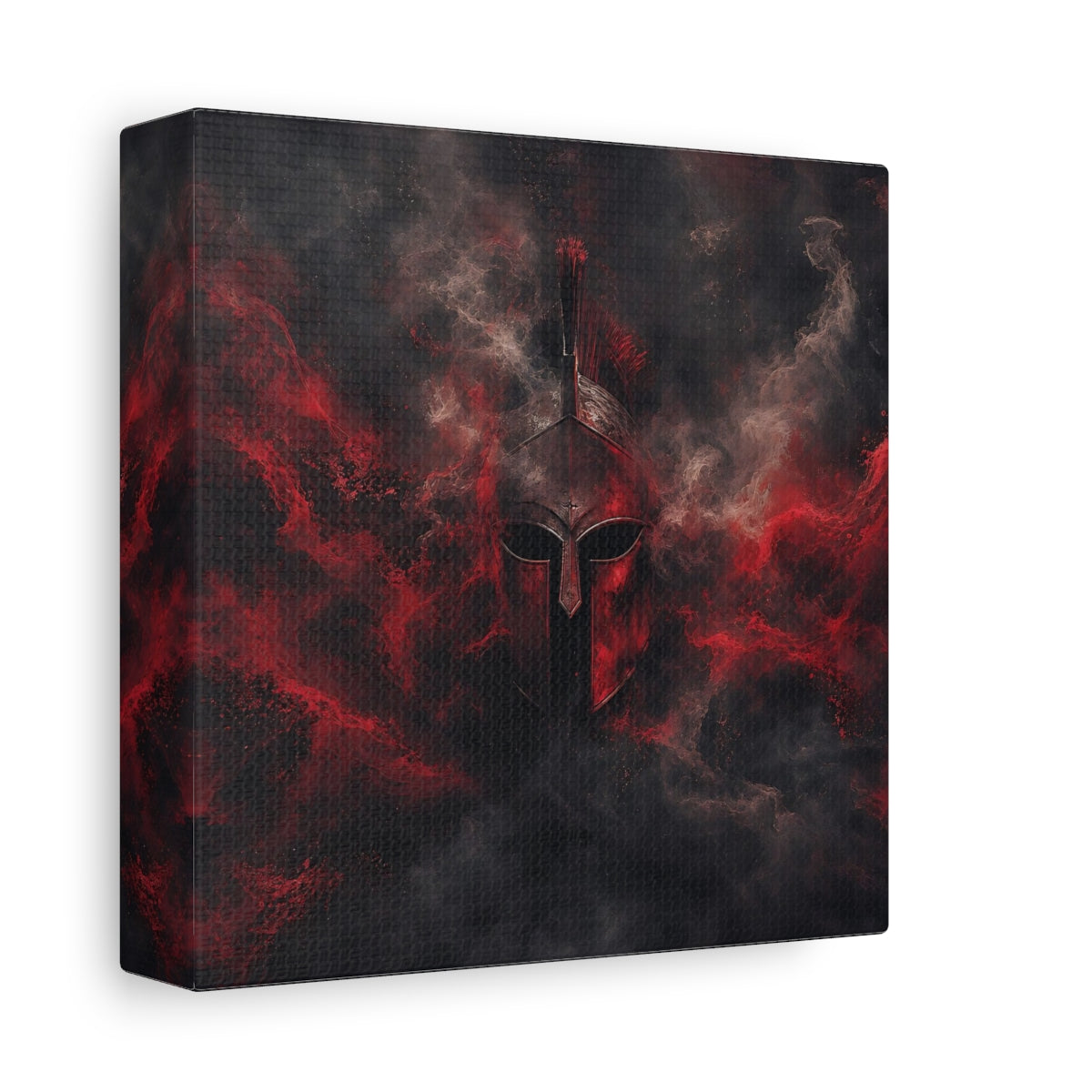 Side Mockup 2. Abstract Spartan Helmet Red And Black shown as stretched canvas wall art