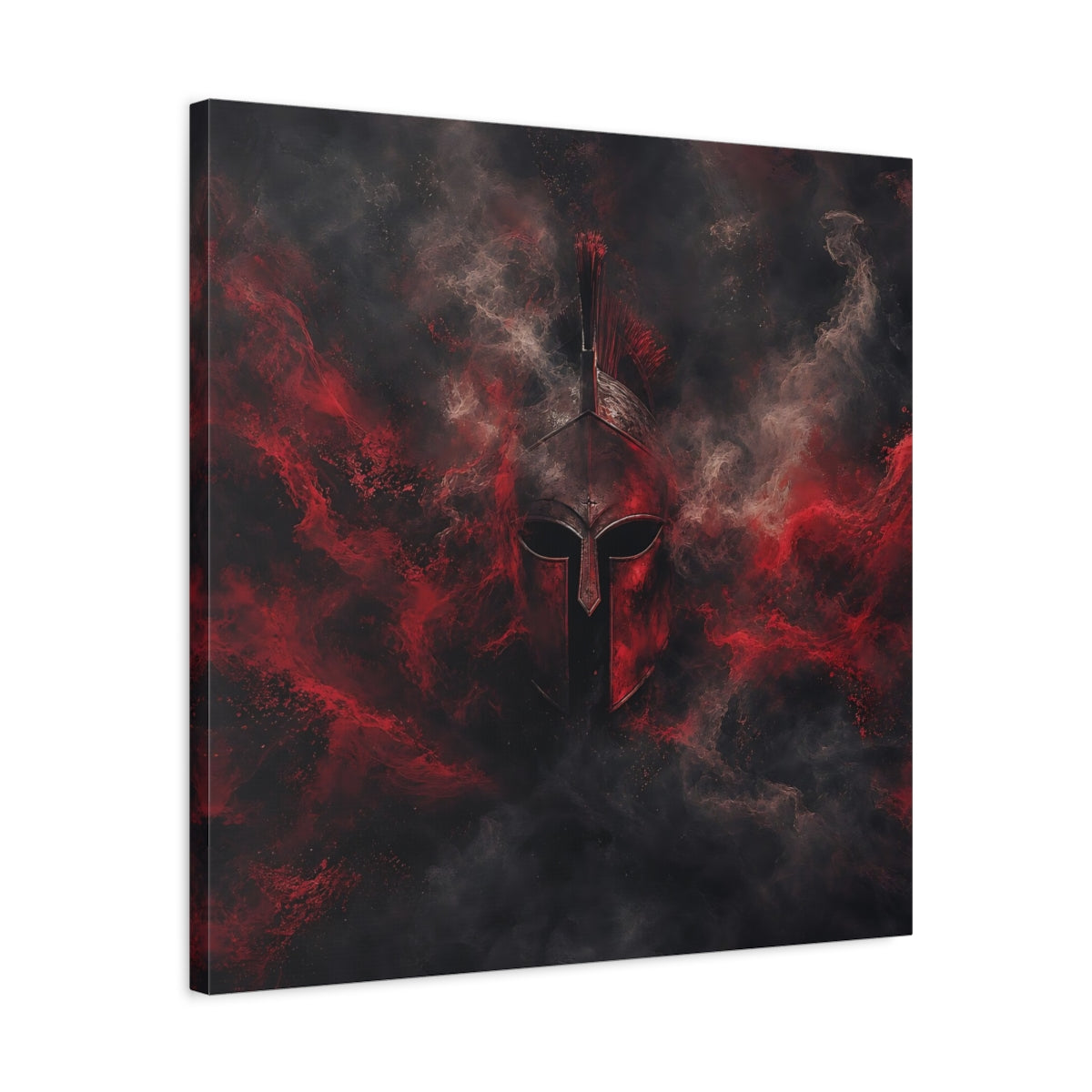 Side Mockup 4. Abstract Spartan Helmet Red And Black shown as stretched canvas wall art