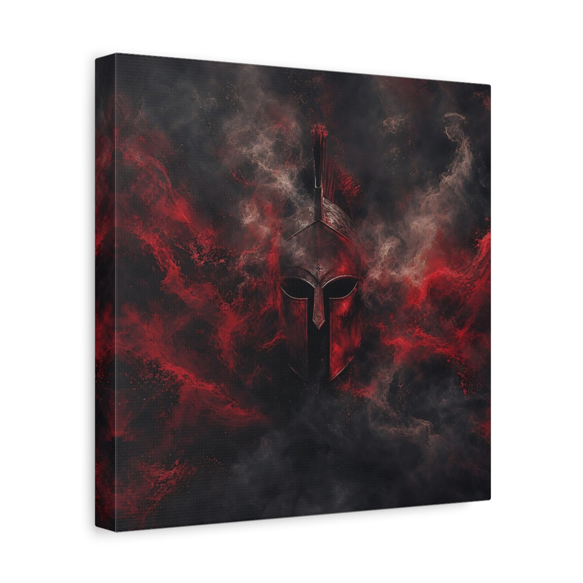 Side Mockup 8. Abstract Spartan Helmet Red And Black shown as stretched canvas wall art
