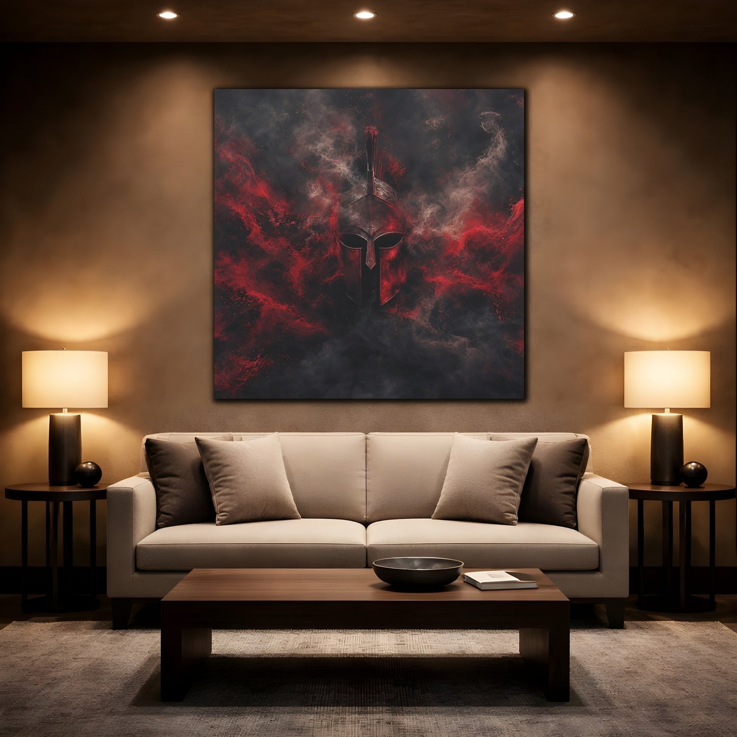 Mockup 2. Abstract Spartan Helmet Red And Black shown as stretched canvas wall art