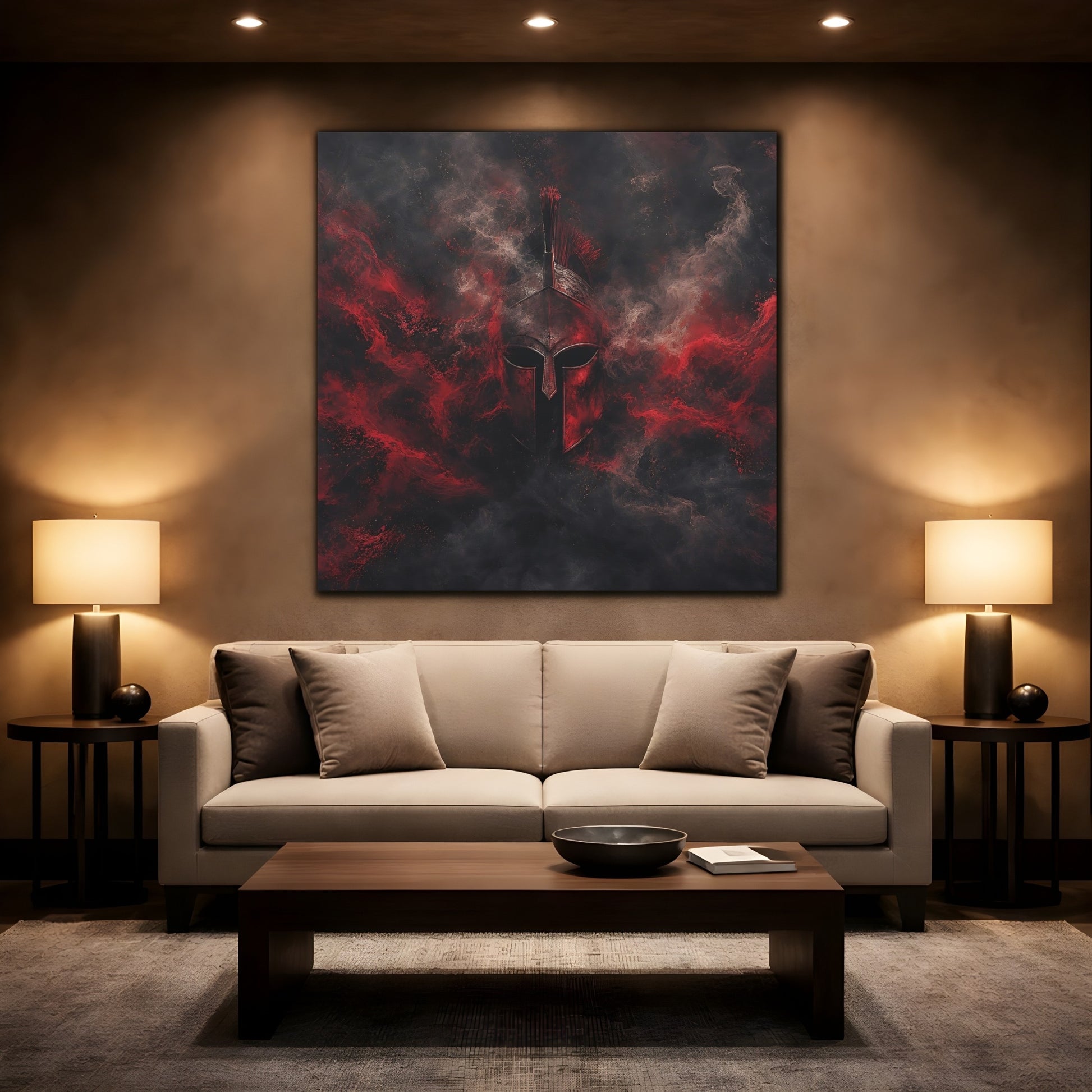 Mockup 2. Abstract Spartan Helmet Red And Black shown as stretched canvas wall art