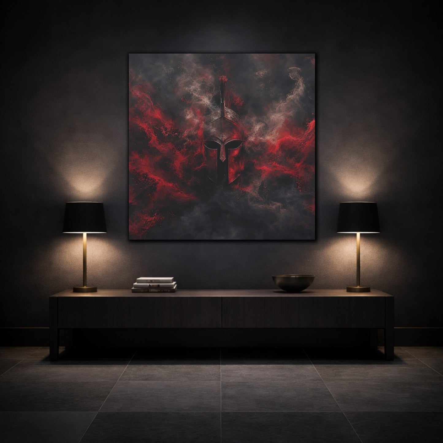 Mockup 3. Abstract Spartan Helmet Red And Black shown as stretched canvas wall art