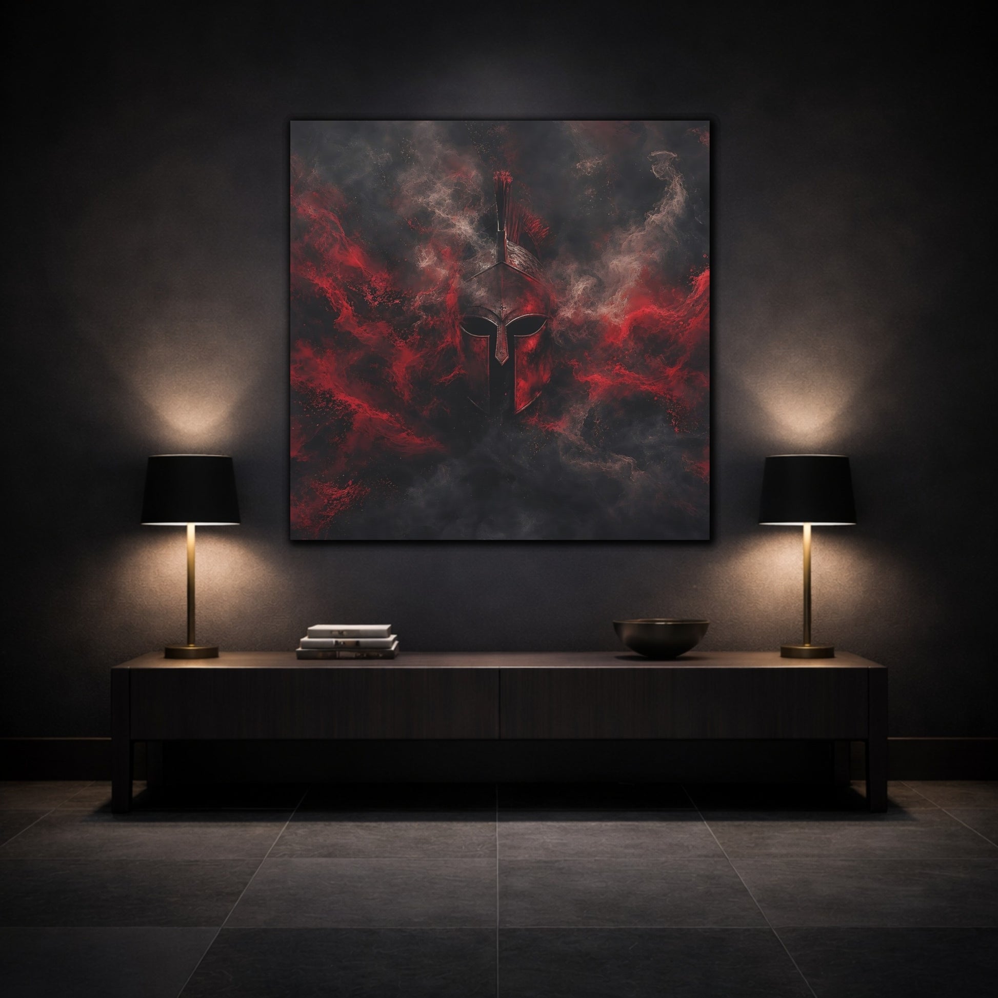 Mockup 3. Abstract Spartan Helmet Red And Black shown as stretched canvas wall art