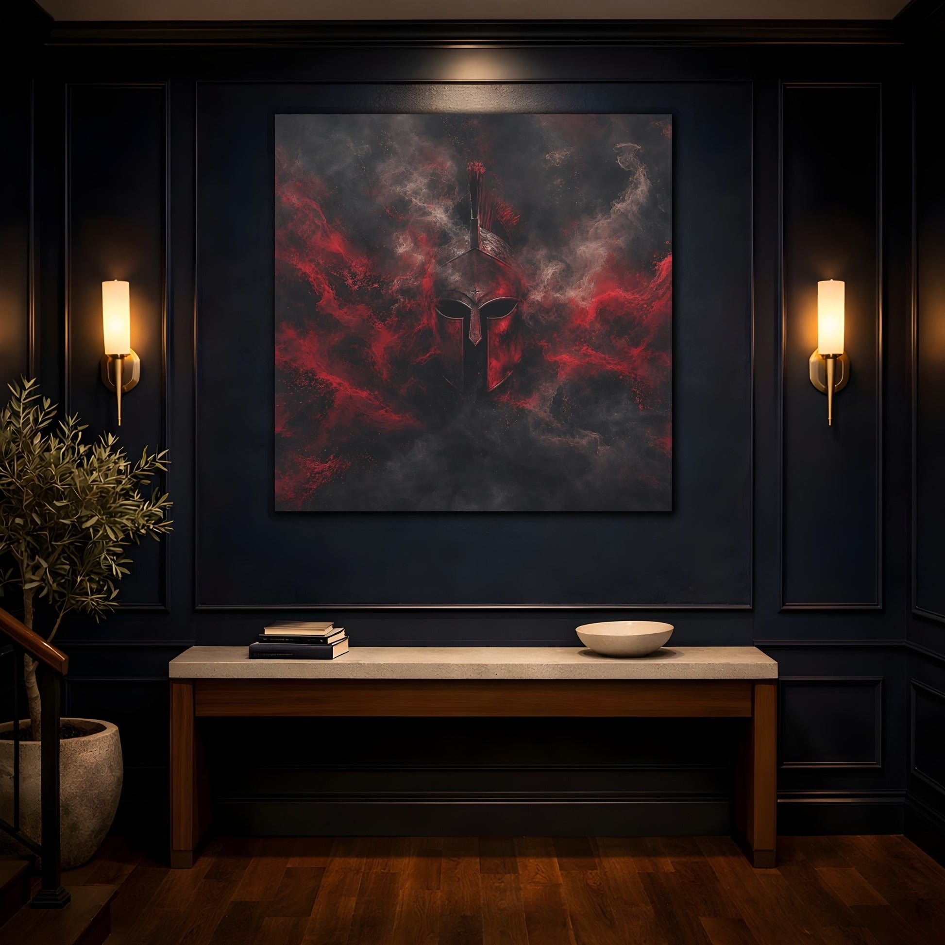 Mockup 4. Abstract Spartan Helmet Red And Black shown as stretched canvas wall art