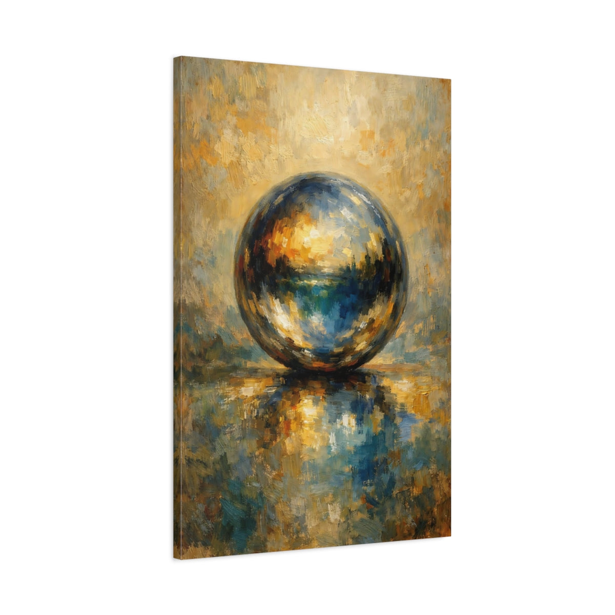 Side Mockup 1. Abstract Abstract Sphere Blue And Gold Sphere shown as stretched canvas wall art