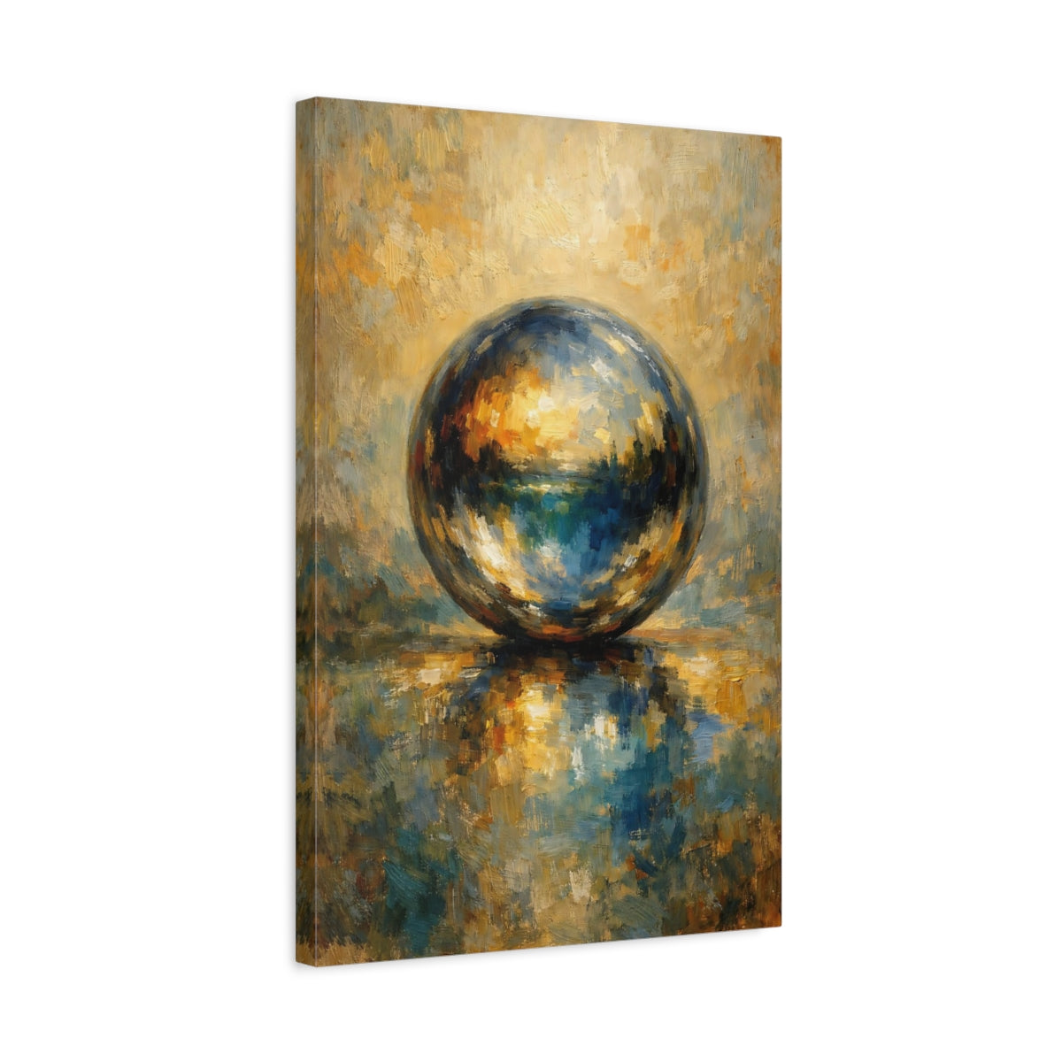 Side Mockup 3. Abstract Abstract Sphere Blue And Gold Sphere shown as stretched canvas wall art