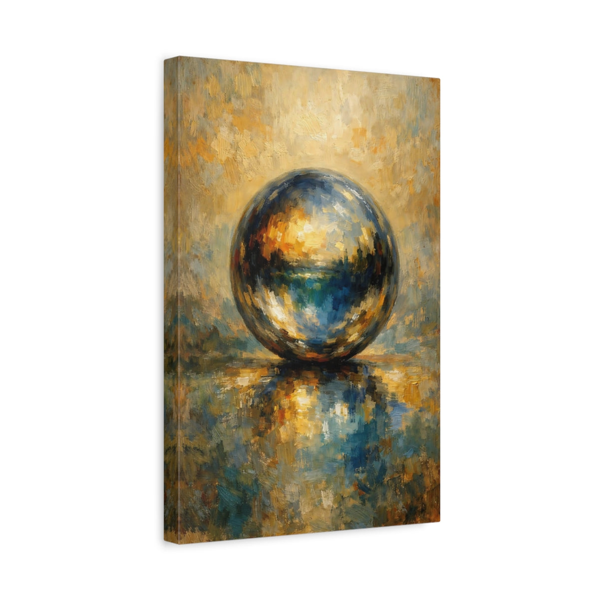 Side Mockup 4. Abstract Abstract Sphere Blue And Gold Sphere shown as stretched canvas wall art