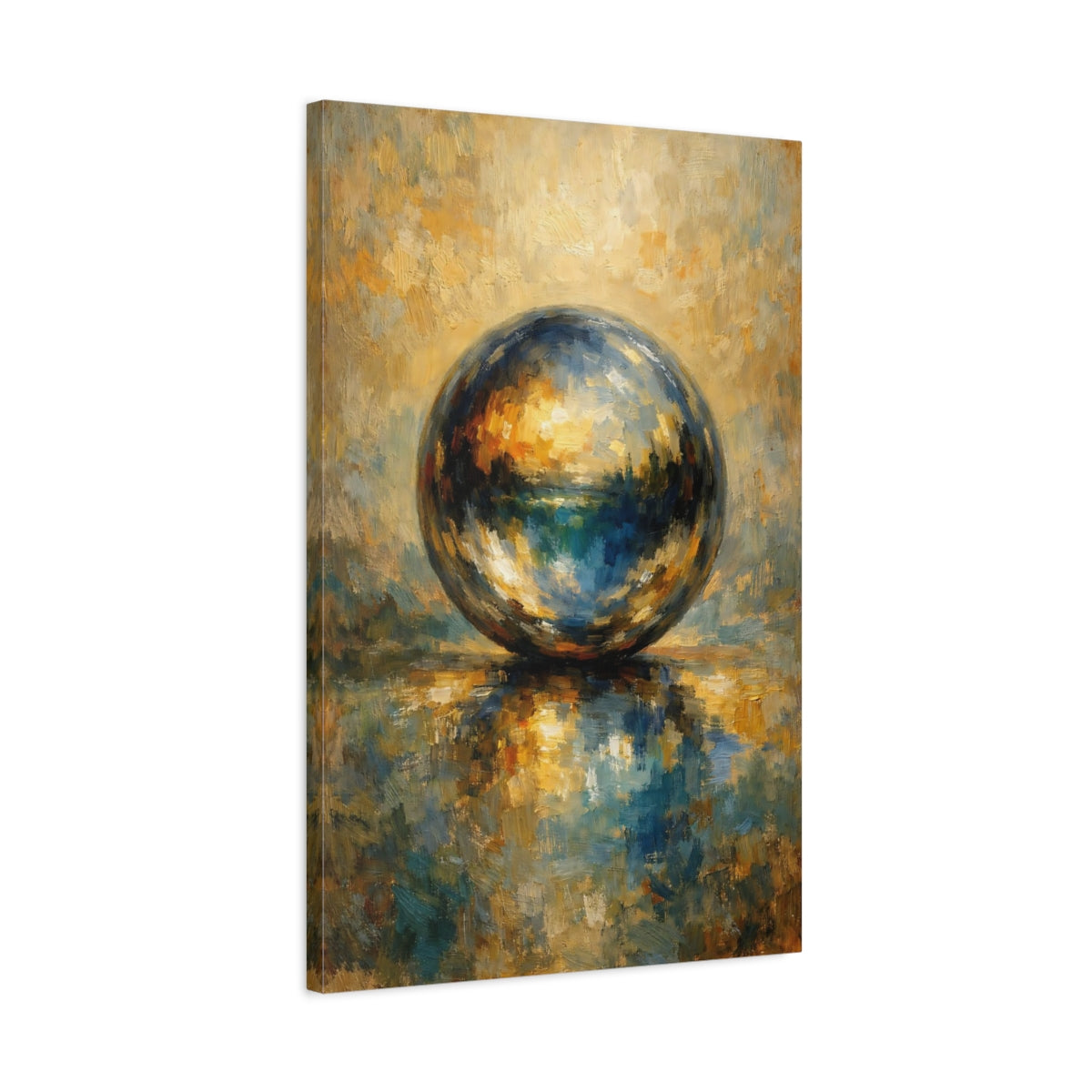Side Mockup 2. Abstract Abstract Sphere Blue And Gold Sphere shown as stretched canvas wall art