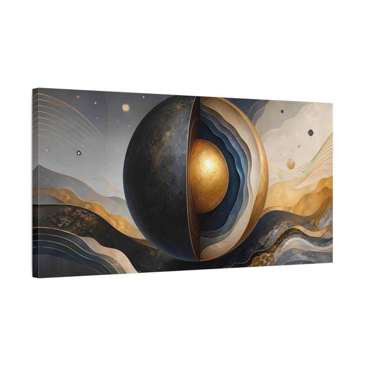 Side Mockup 1. Abstract Abstract Sphere Abstract Blue Gold shown as stretched canvas wall art