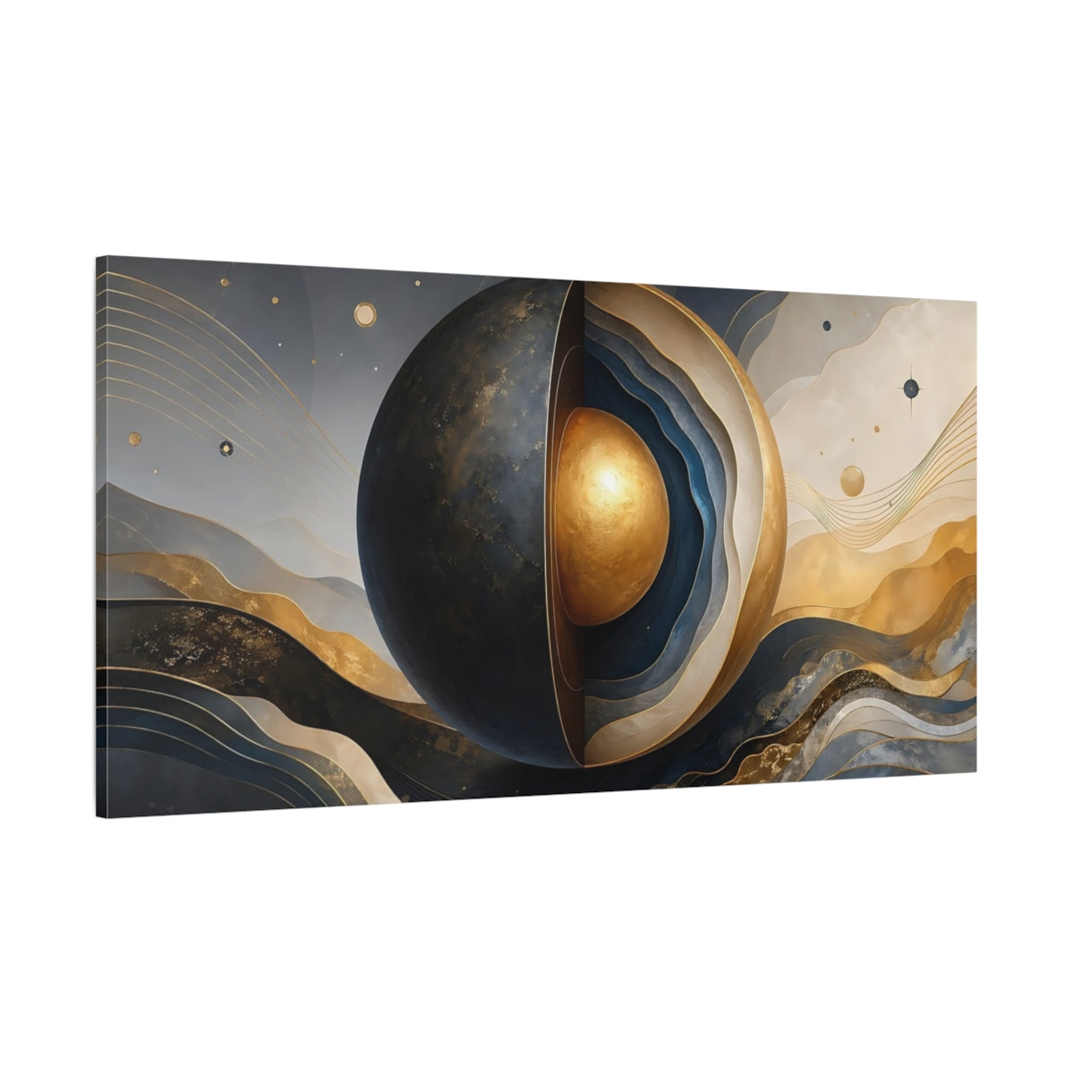 Side Mockup 2. Abstract Abstract Sphere Abstract Blue Gold shown as stretched canvas wall art