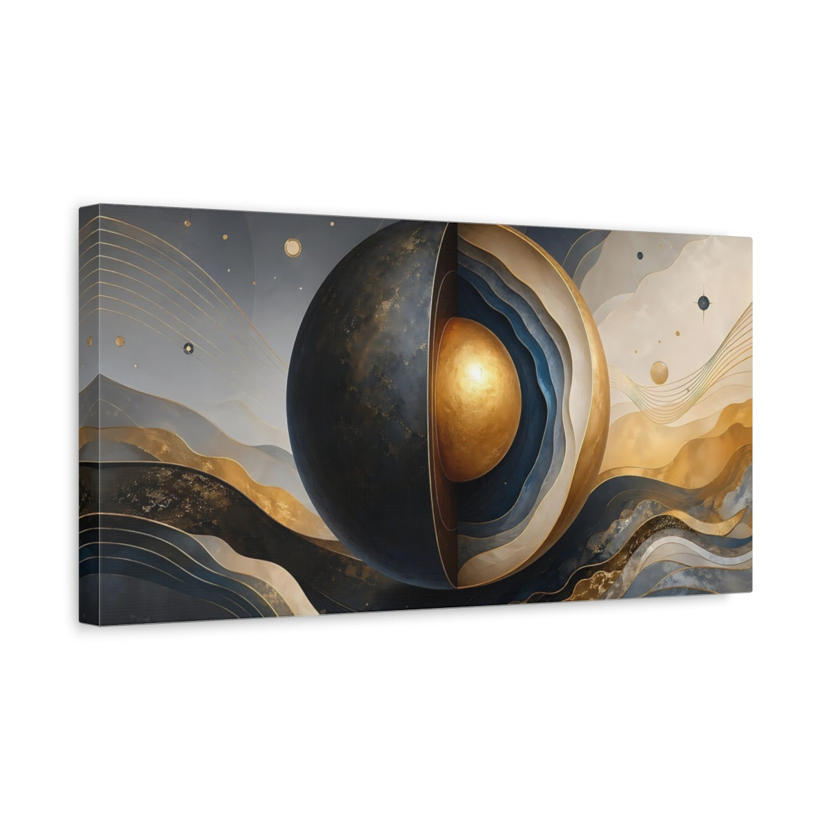 Side Mockup 3. Abstract Abstract Sphere Abstract Blue Gold shown as stretched canvas wall art