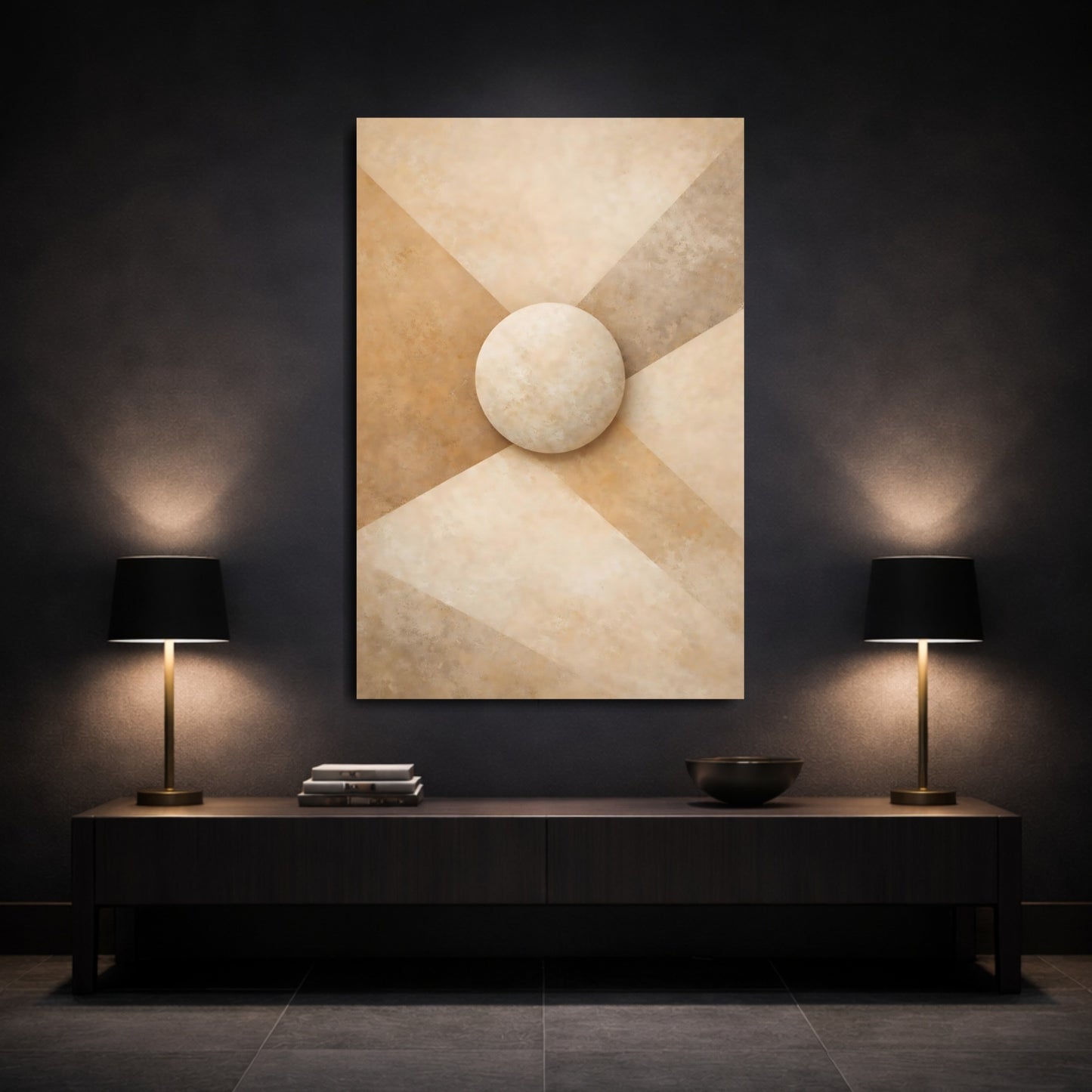 Abstract Sphere Brown And Beige shown as front canvas room wall art