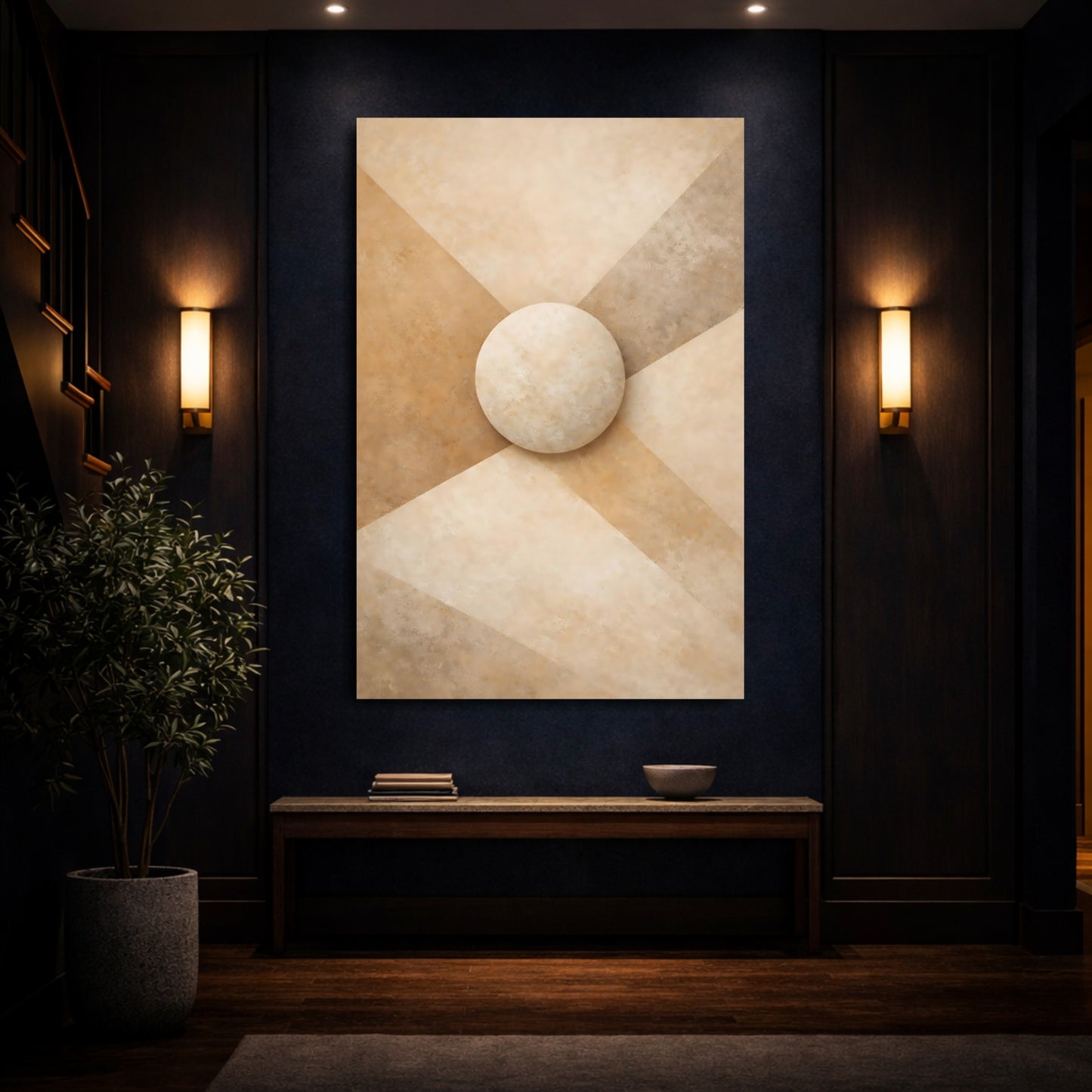 Abstract Sphere Brown And Beige shown as front canvas room wall art