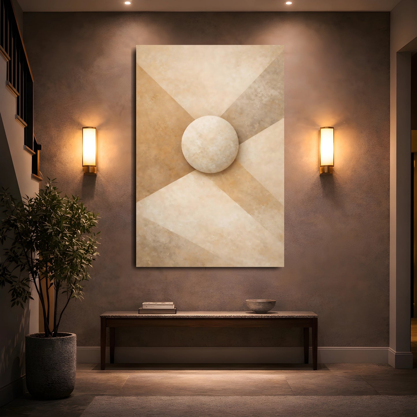 Abstract Sphere Brown And Beige shown as front canvas room wall art