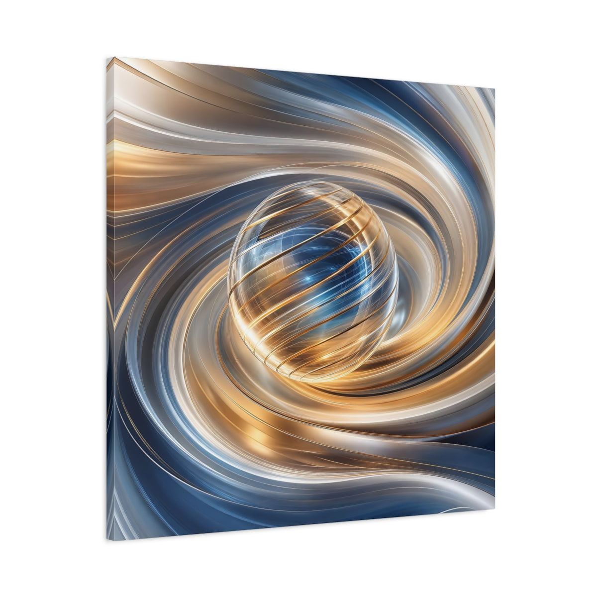 Main Mockup. Abstract Sphere Gold And Blue shown as stretched canvas wall art