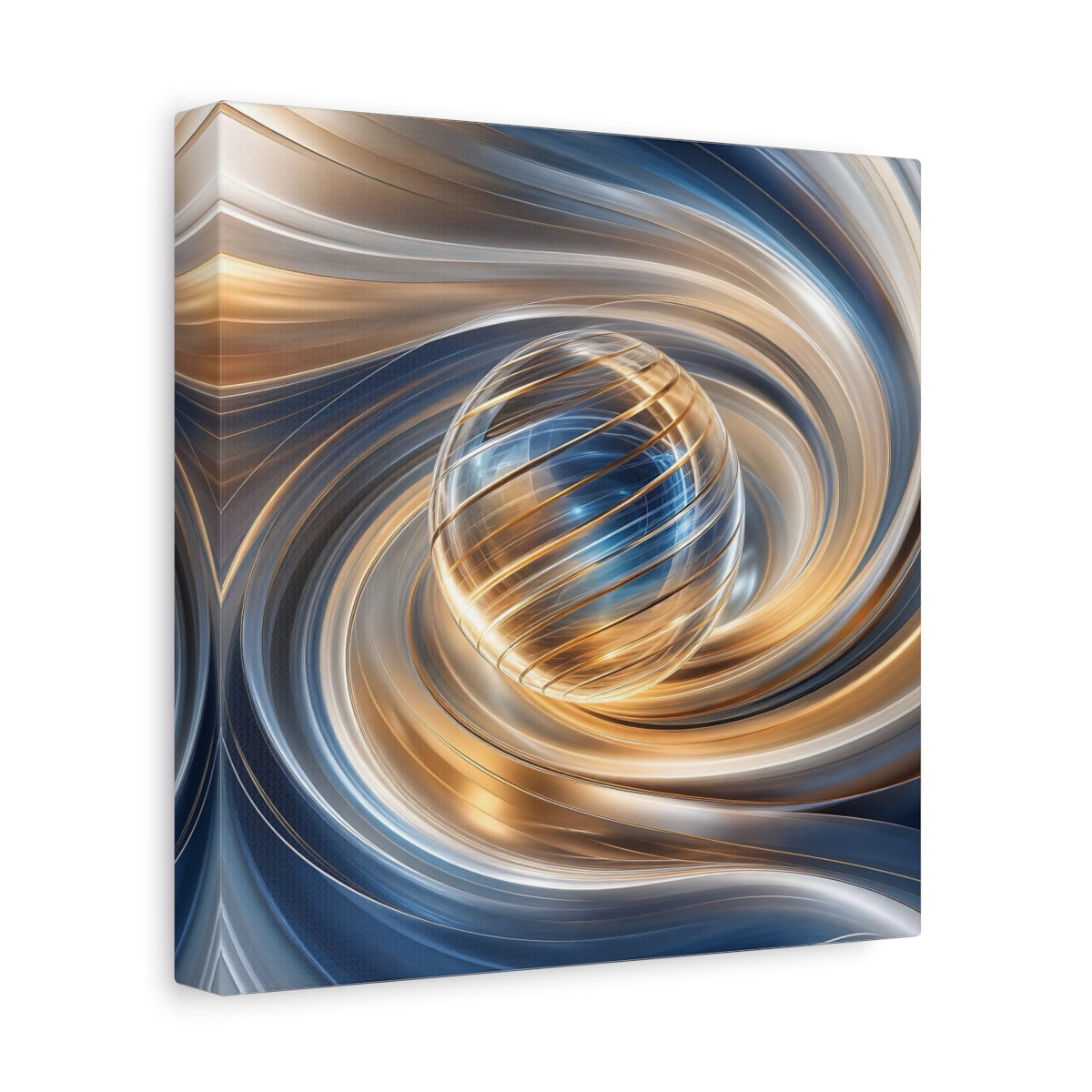 Side Mockup 9. Abstract Sphere Gold And Blue shown as stretched canvas wall art