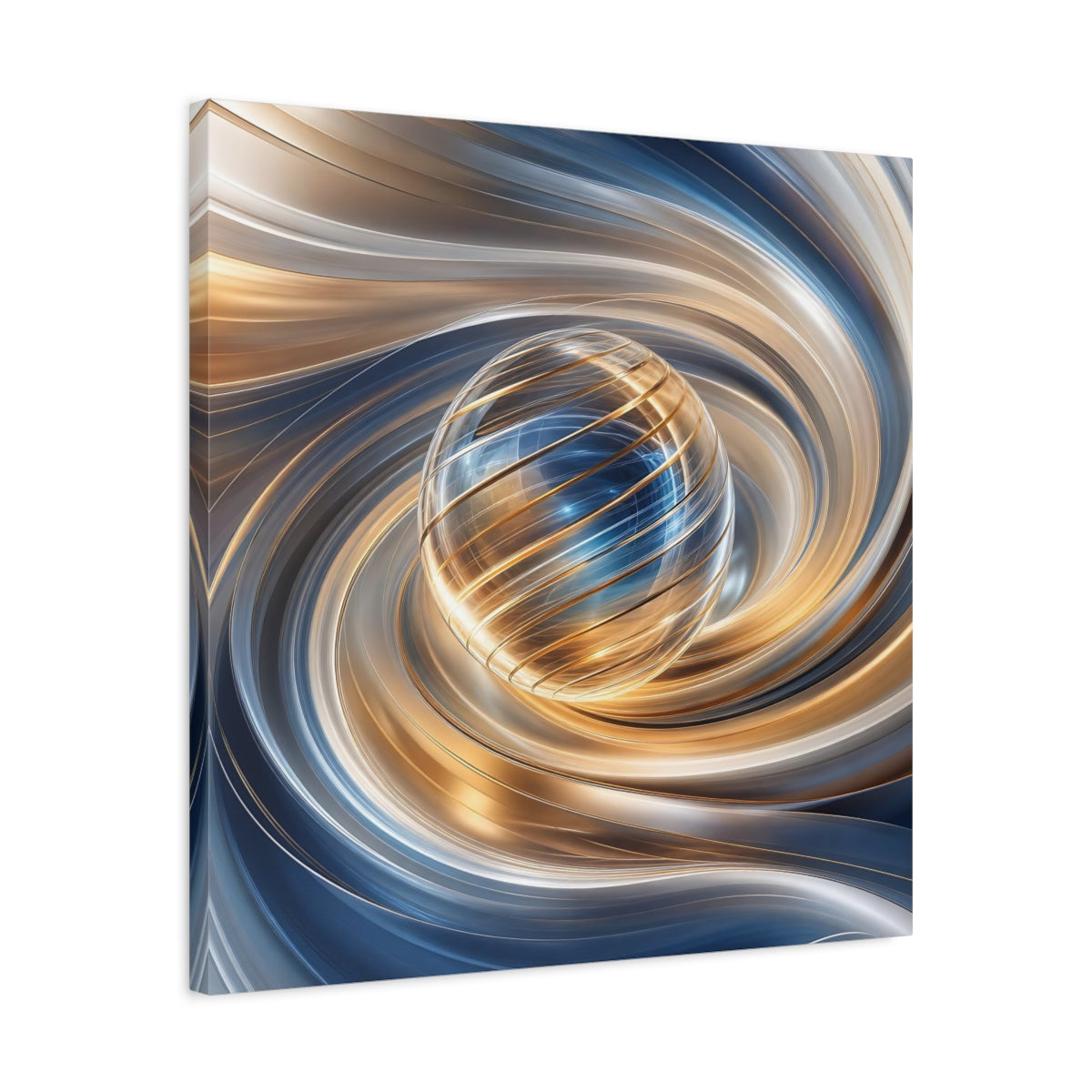 Side Mockup 4. Abstract Sphere Gold And Blue shown as stretched canvas wall art