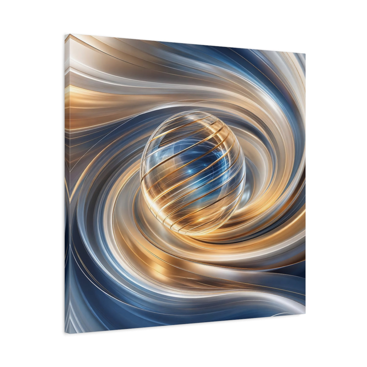 Side Mockup 3. Abstract Sphere Gold And Blue shown as stretched canvas wall art