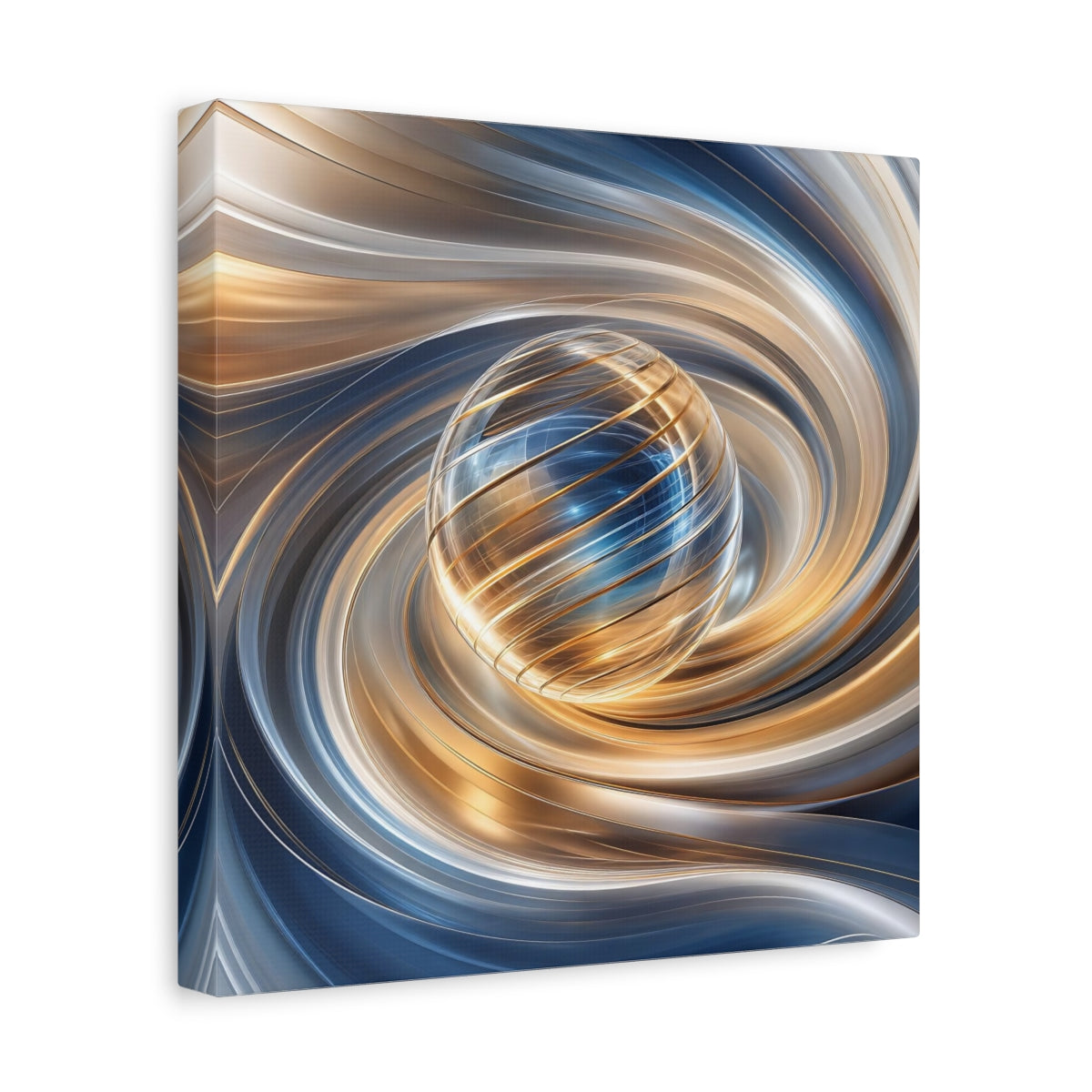 Side Mockup 8. Abstract Sphere Gold And Blue shown as stretched canvas wall art