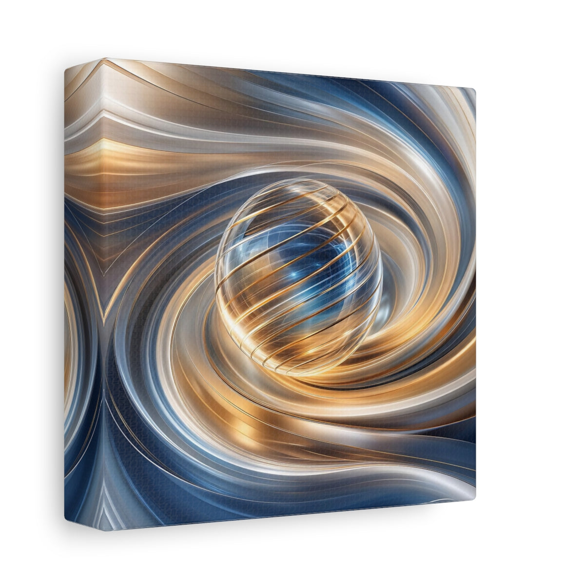 Side Mockup 2. Abstract Sphere Gold And Blue shown as stretched canvas wall art