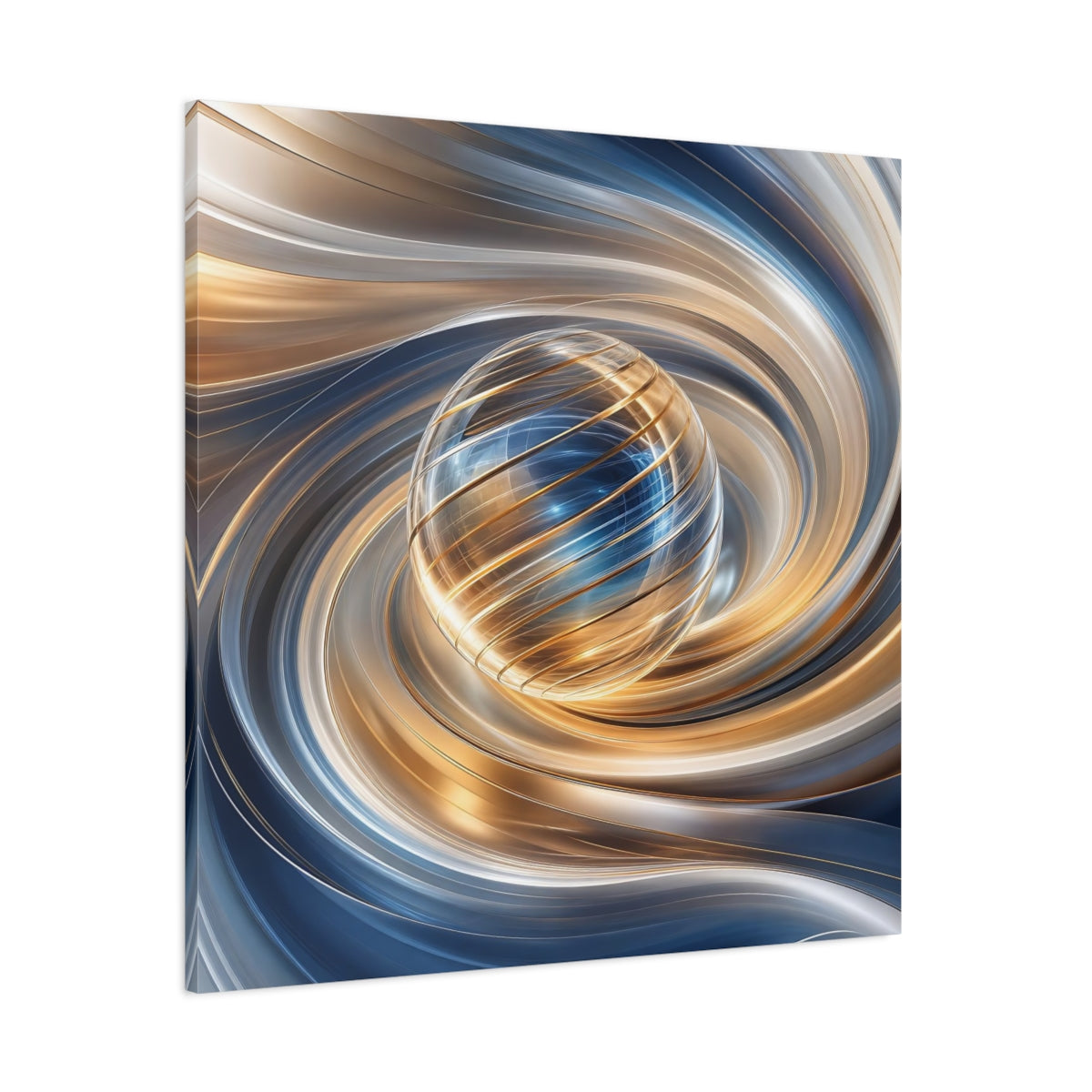 Side Mockup 1. Abstract Sphere Gold And Blue shown as stretched canvas wall art