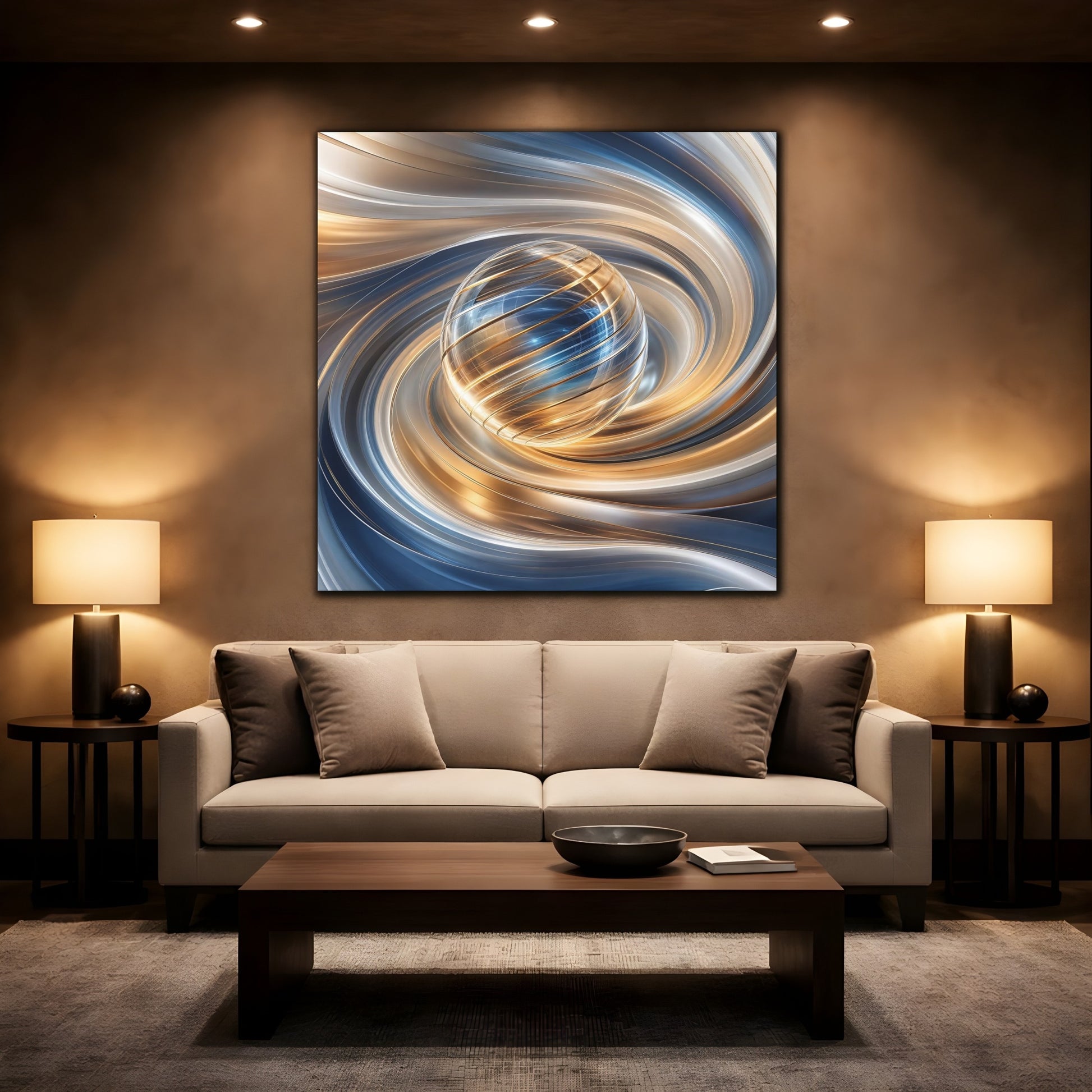 Mockup 2. Abstract Sphere Gold And Blue shown as stretched canvas wall art