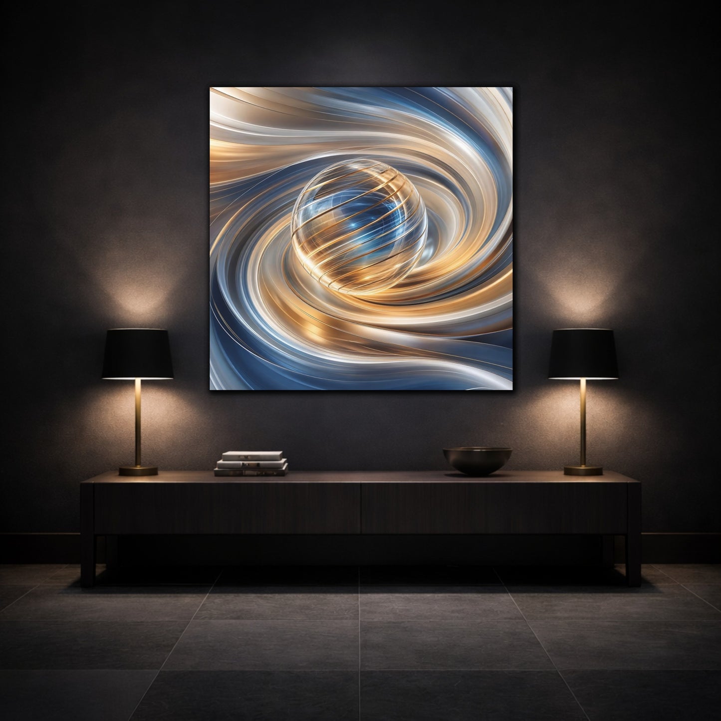 Mockup 3. Abstract Sphere Gold And Blue shown as stretched canvas wall art