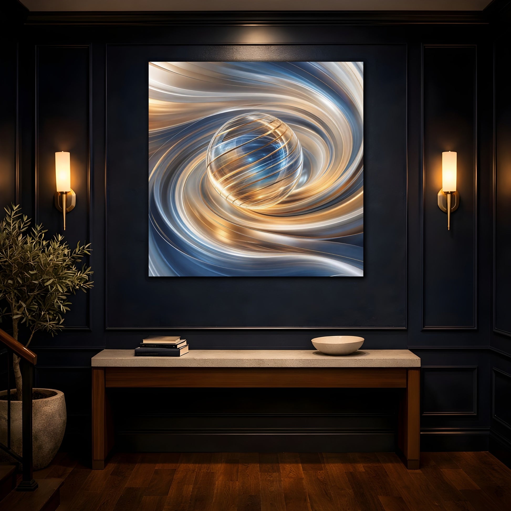 Mockup 4. Abstract Sphere Gold And Blue shown as stretched canvas wall art