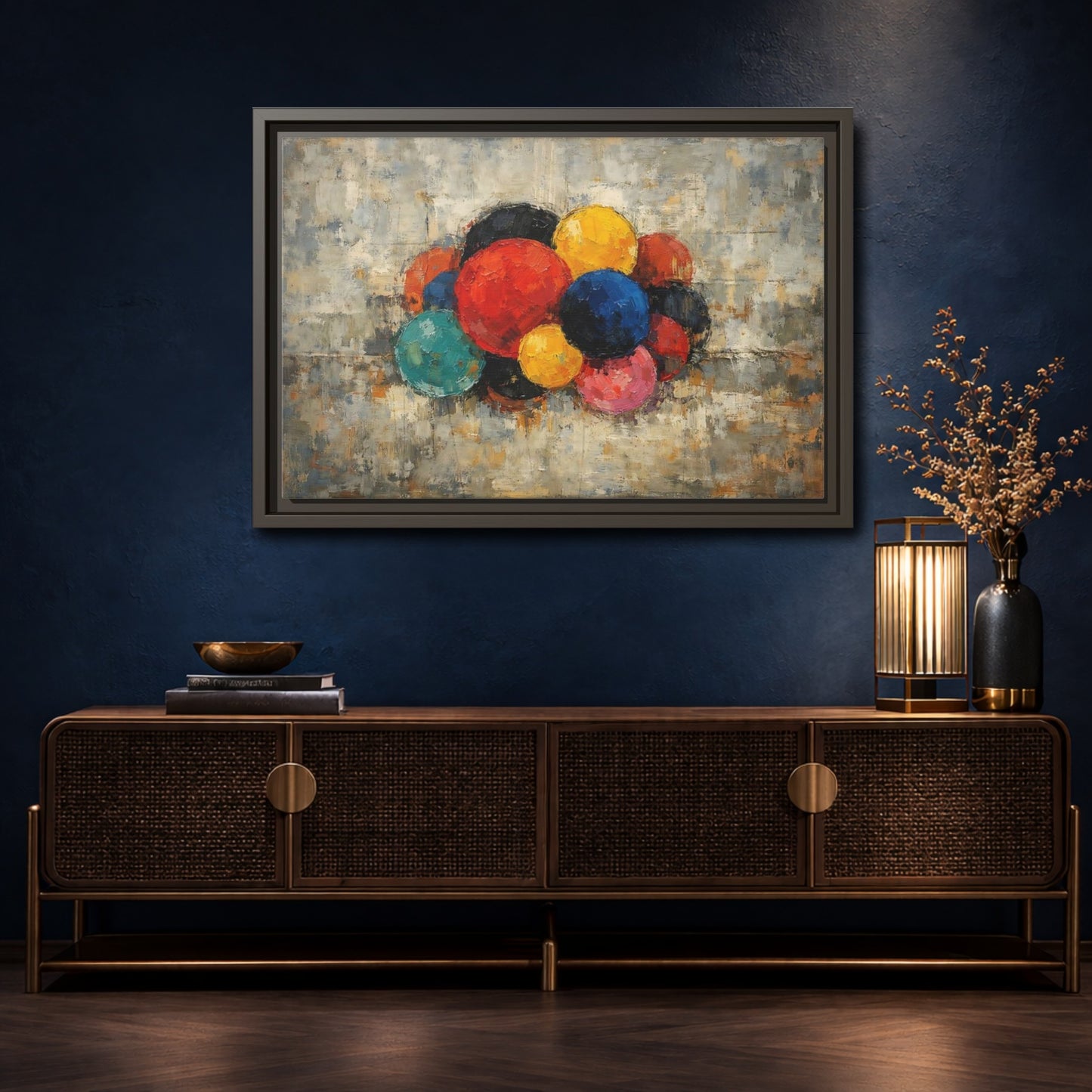Mockup 4. Abstract Spheres Colorful Spheres shown as stretched canvas wall art