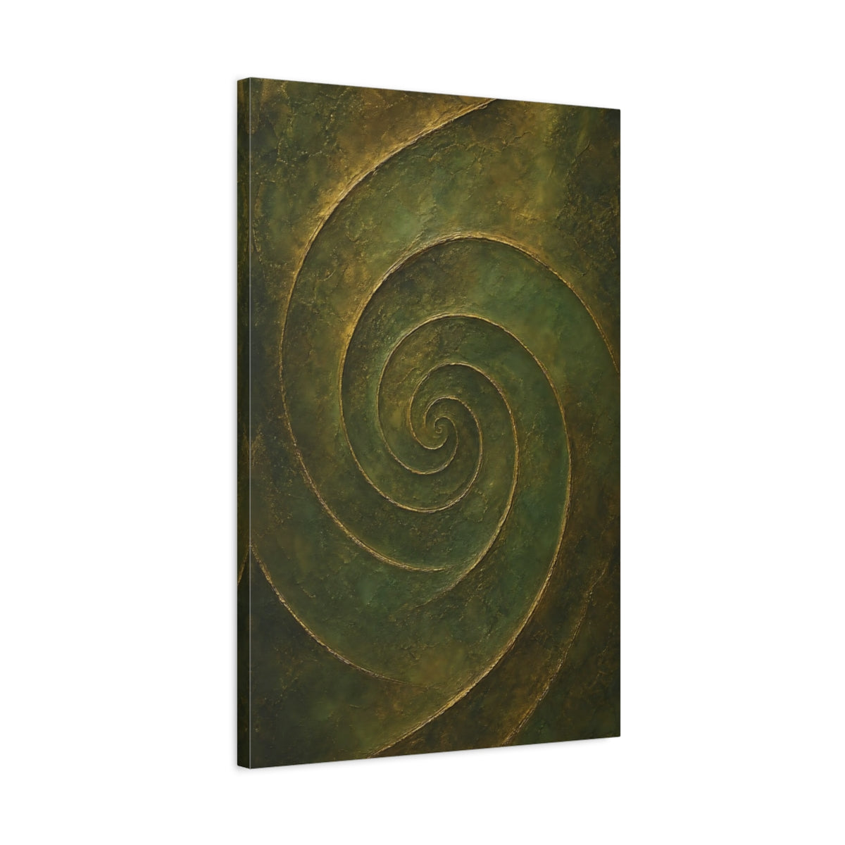 Side Mockup 2. Abstract Abstract Spiral Green Gold Abstract shown as stretched canvas wall art
