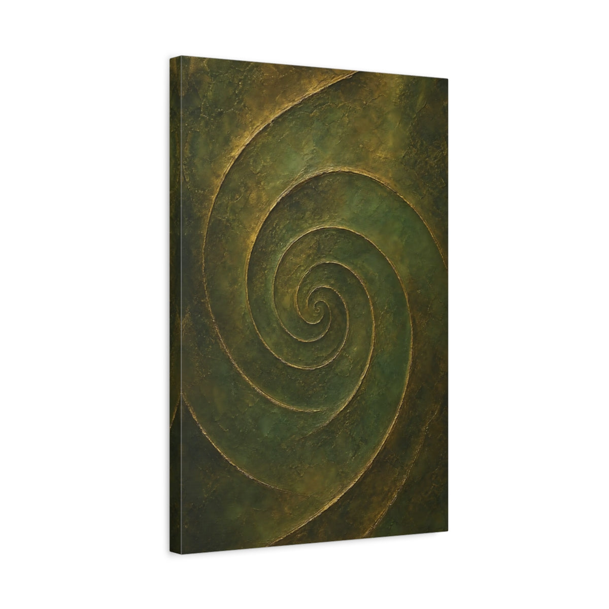 Side Mockup 3. Abstract Abstract Spiral Green Gold Abstract shown as stretched canvas wall art