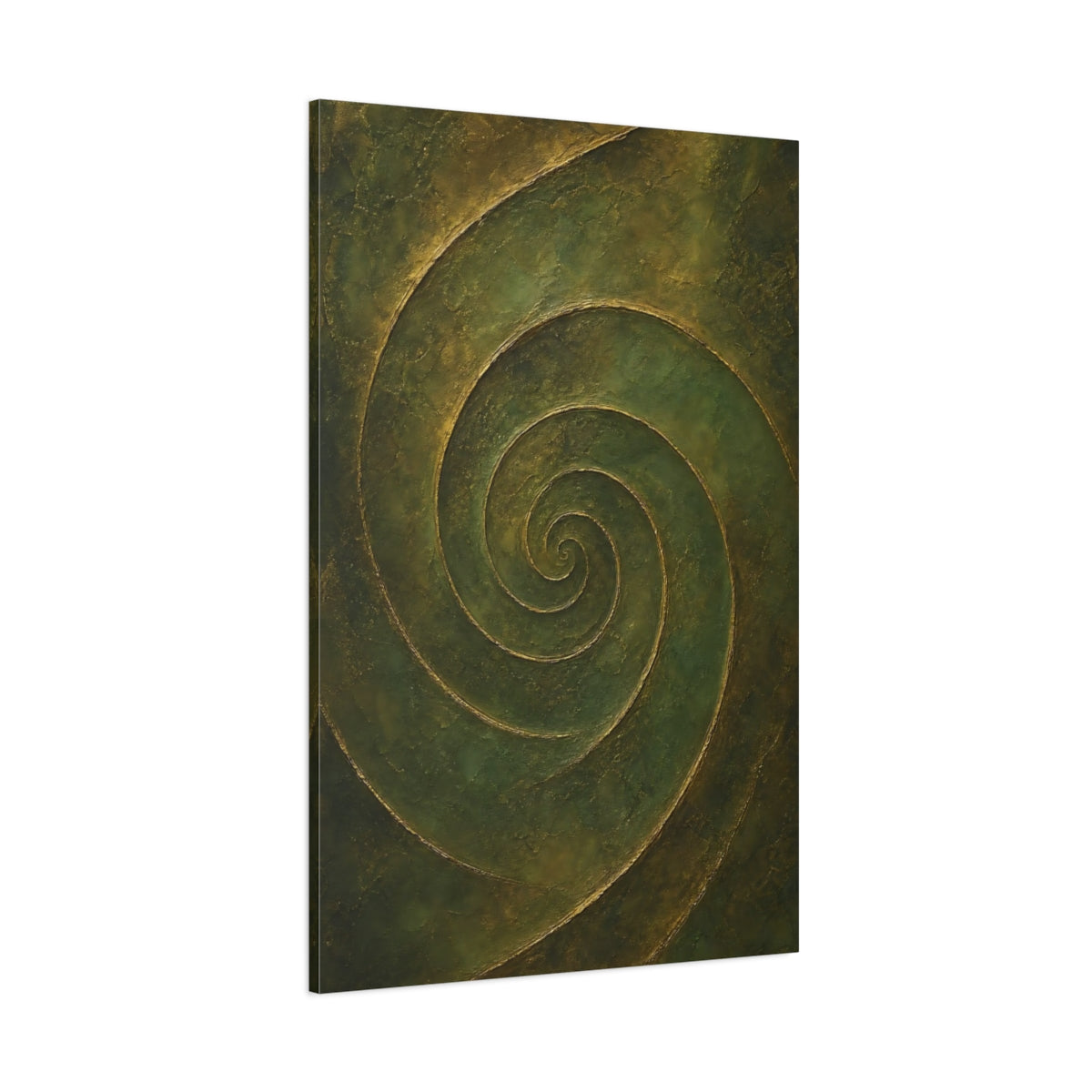 Side Mockup 1. Abstract Abstract Spiral Green Gold Abstract shown as stretched canvas wall art